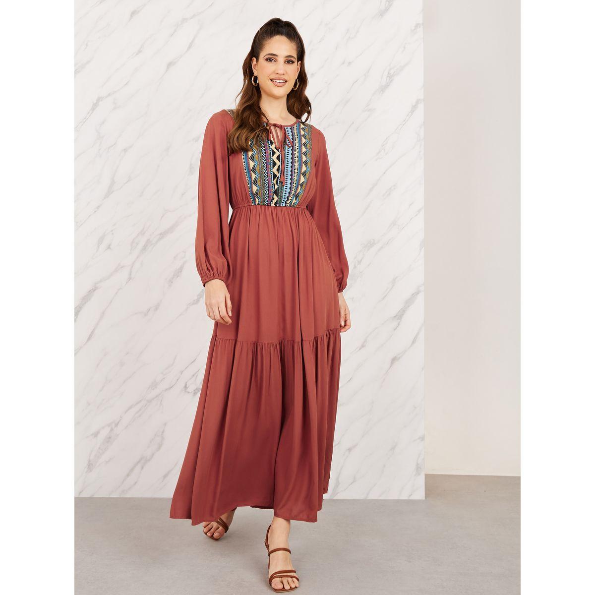 Styli Aztec Printed Tie Up Neck Tiered Maxi Dress-women-clothing-dresses-image-1