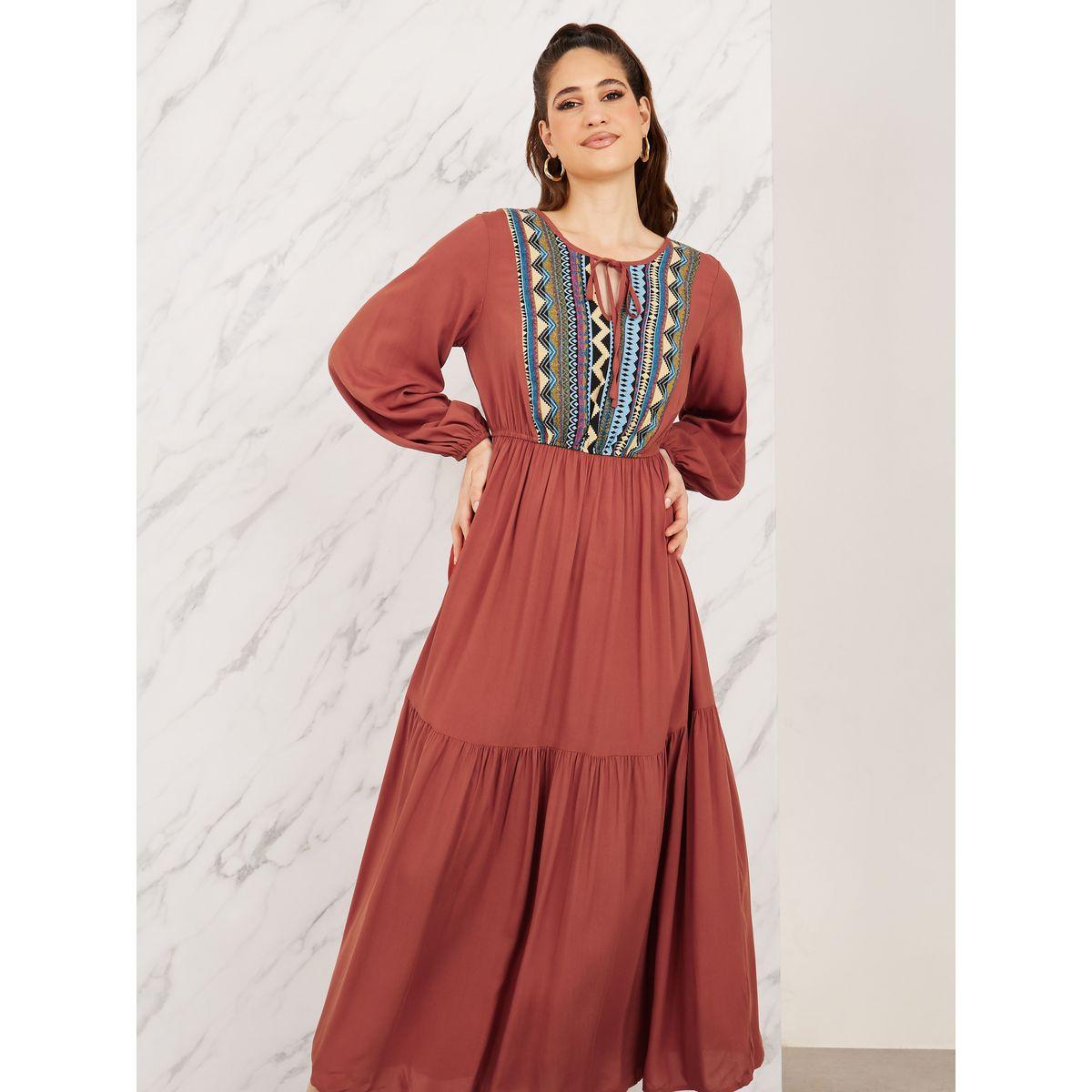 Styli Aztec Printed Tie Up Neck Tiered Maxi Dress-women-clothing-dresses-image-2