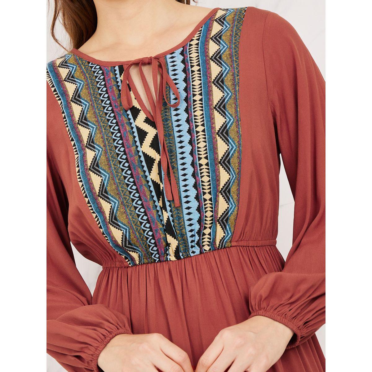 Styli Aztec Printed Tie Up Neck Tiered Maxi Dress-women-clothing-dresses-image-3