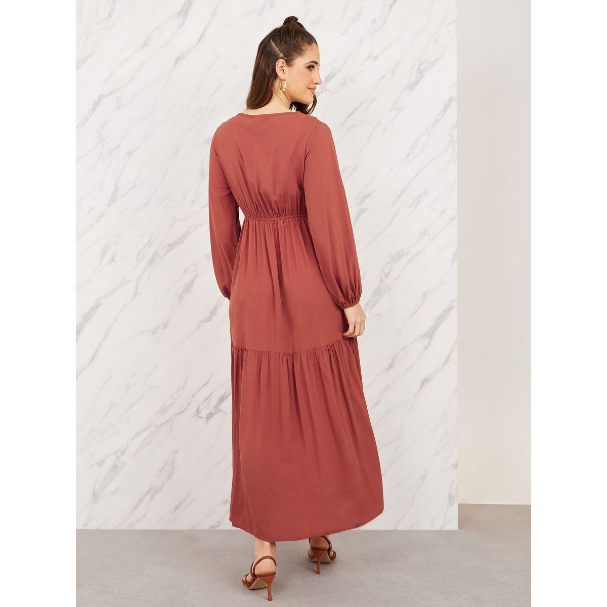 Styli Aztec Printed Tie Up Neck Tiered Maxi Dress-women-clothing-dresses-image-4