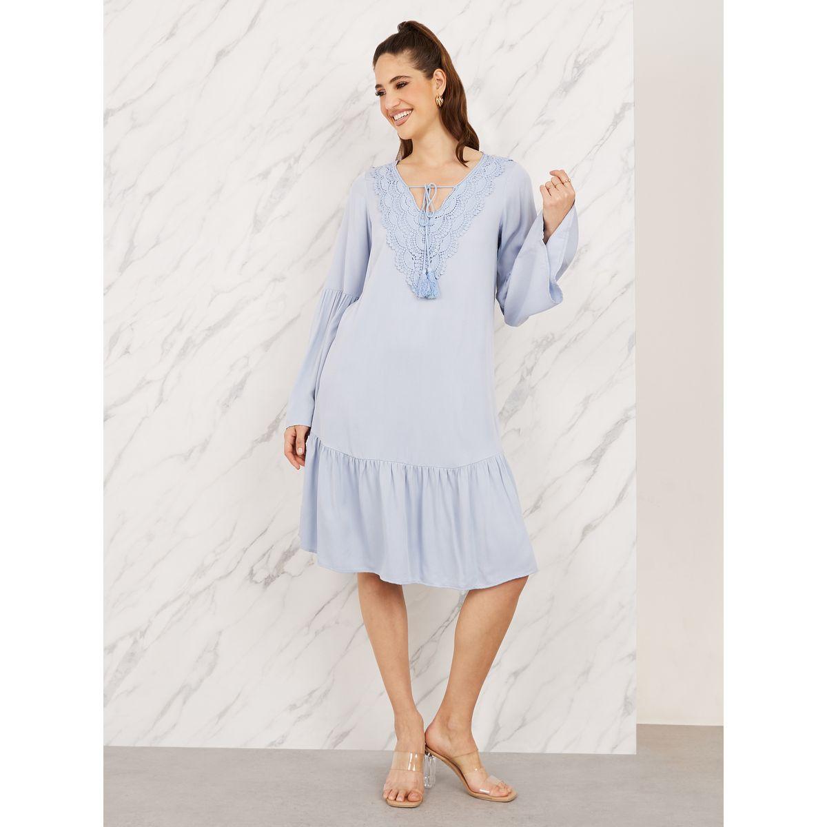 Styli Lace Detail Tie Up Neck Knee Length Dress-women-clothing-dresses-image-1