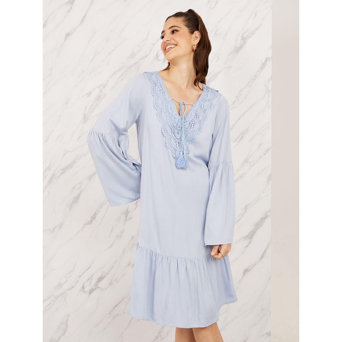 Styli Lace Detail Tie Up Neck Knee Length Dress-women-clothing-dresses-image-2