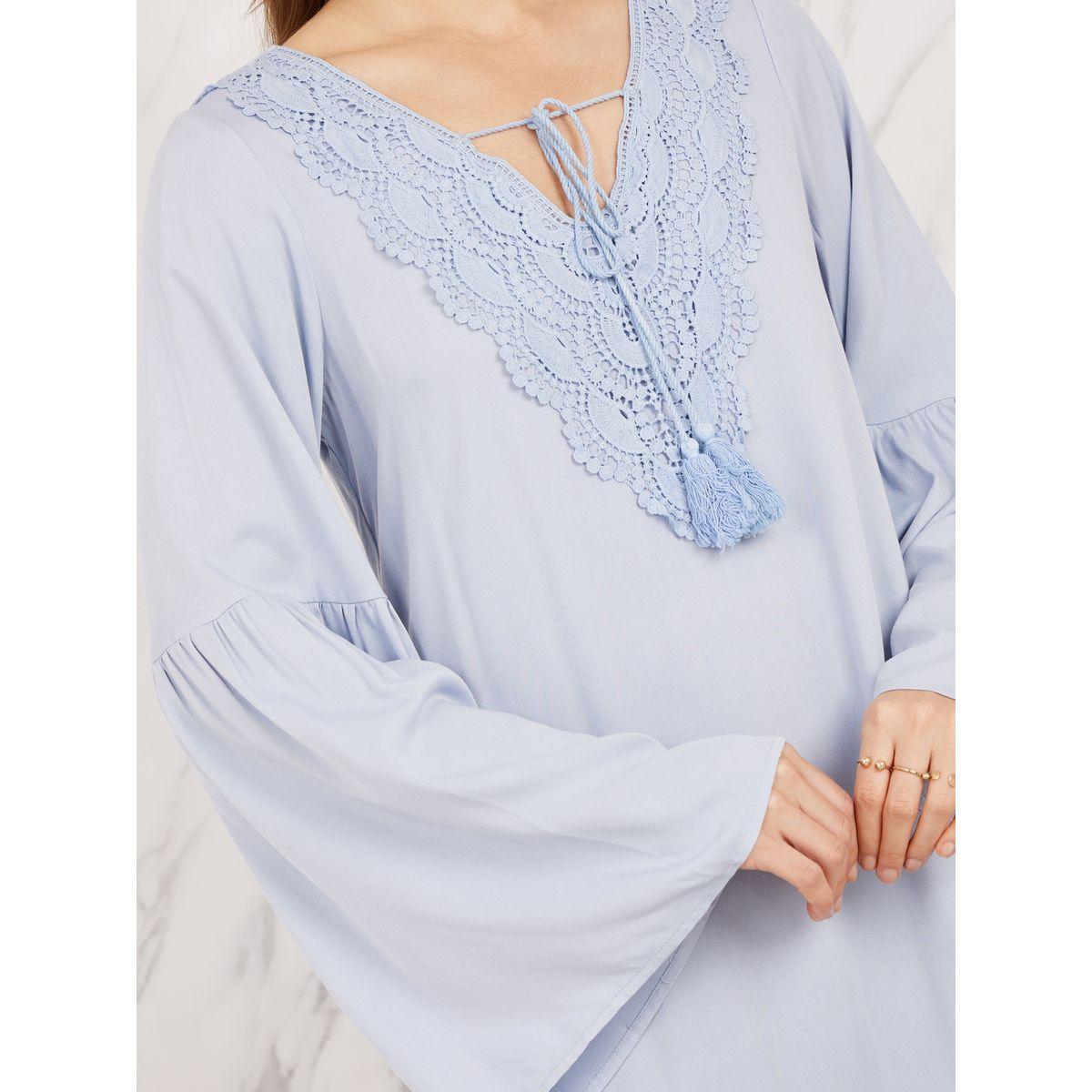Styli Lace Detail Tie Up Neck Knee Length Dress-women-clothing-dresses-image-3