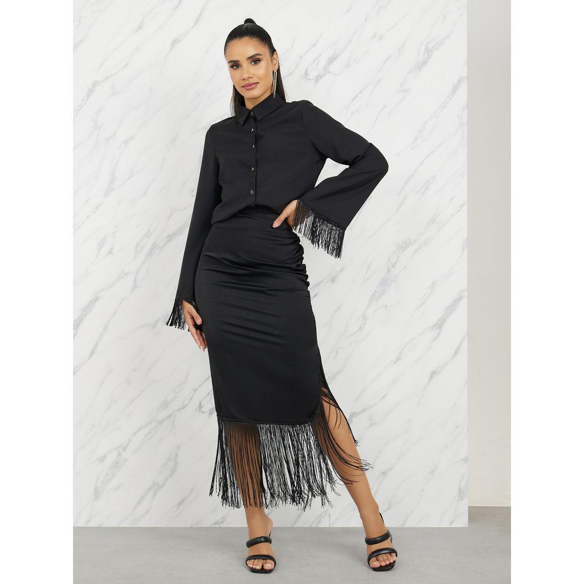 Styli Limited Tassel Hem Satin Side Ruched Detail Asymmetric Hem Skirt-women-clothing-bottoms-skirts-image-2