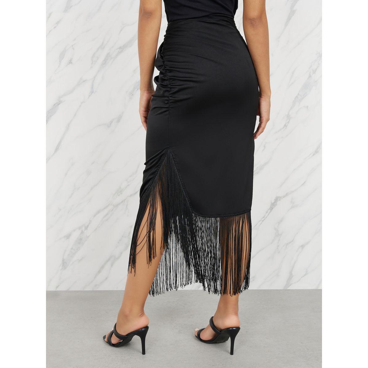 Styli Limited Tassel Hem Satin Side Ruched Detail Asymmetric Hem Skirt-women-clothing-bottoms-skirts-image-4