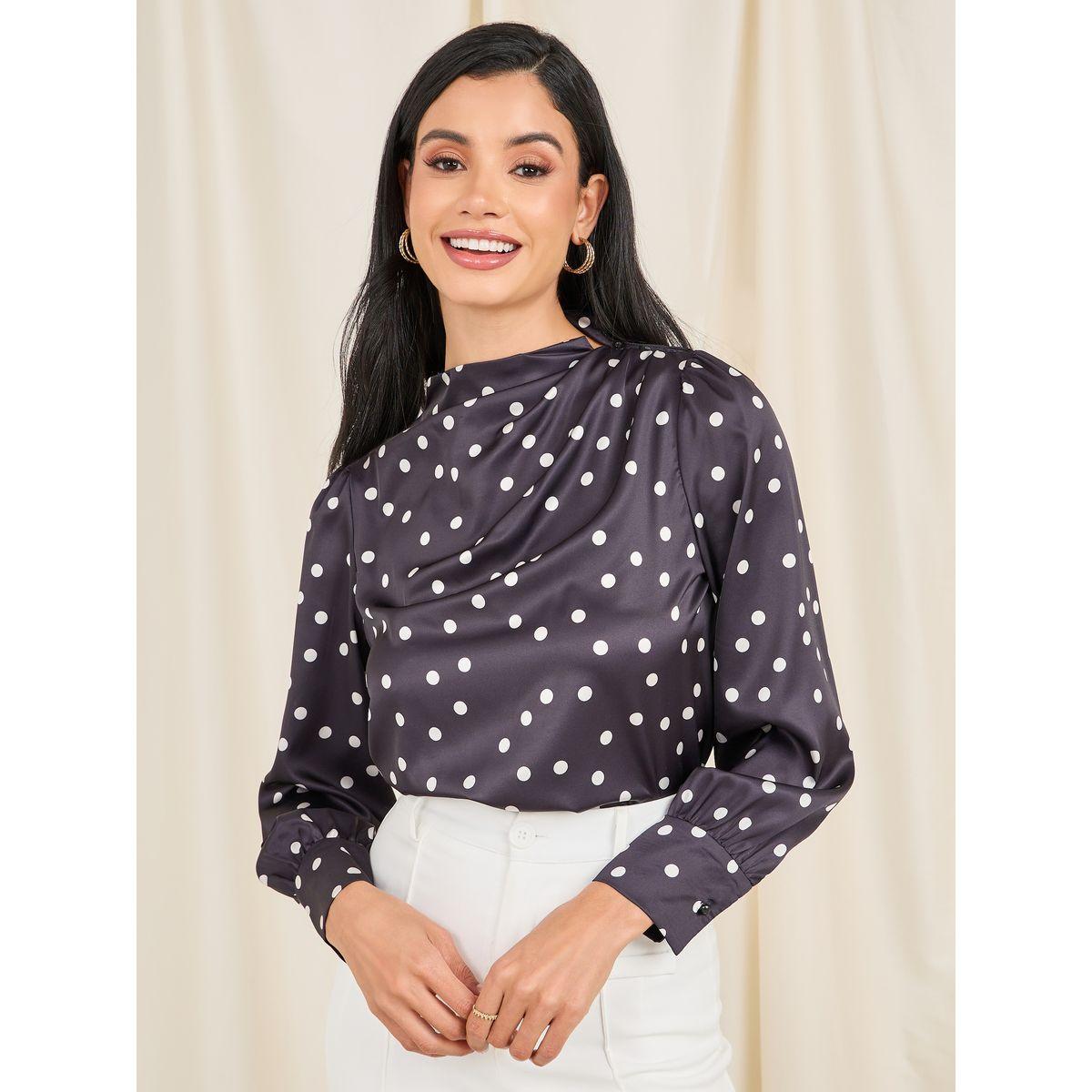 بلوزة مطبعة بنقاط بولكا وتفاصيل كسرات-women-clothing-shirtsandblouses-blouses-image-1