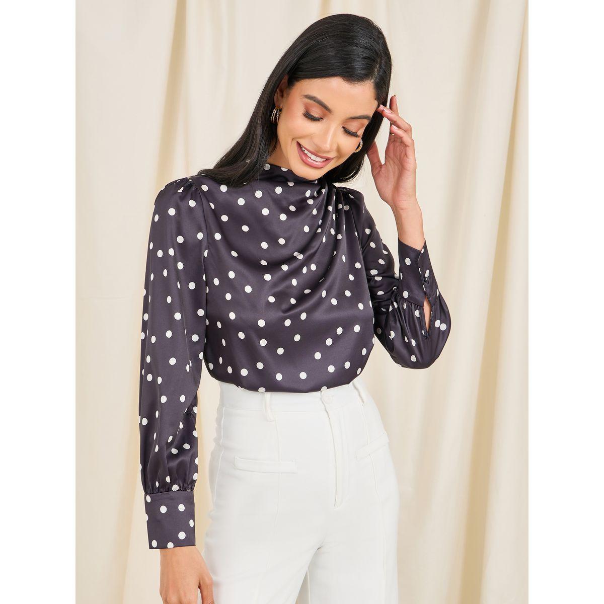 بلوزة مطبعة بنقاط بولكا وتفاصيل كسرات-women-clothing-shirtsandblouses-blouses-image-2