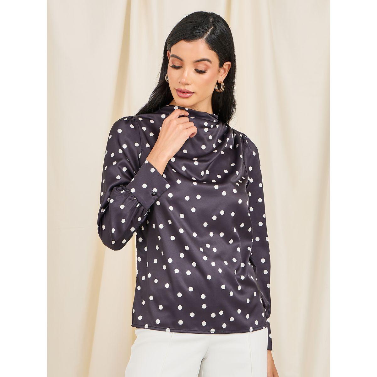 بلوزة مطبعة بنقاط بولكا وتفاصيل كسرات-women-clothing-shirtsandblouses-blouses-image-3