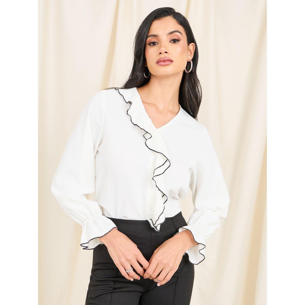 Styli Limited Frill Detail Button Through Top with Long Sleeves-women-clothing-shirtsandblouses-blouses-image-1