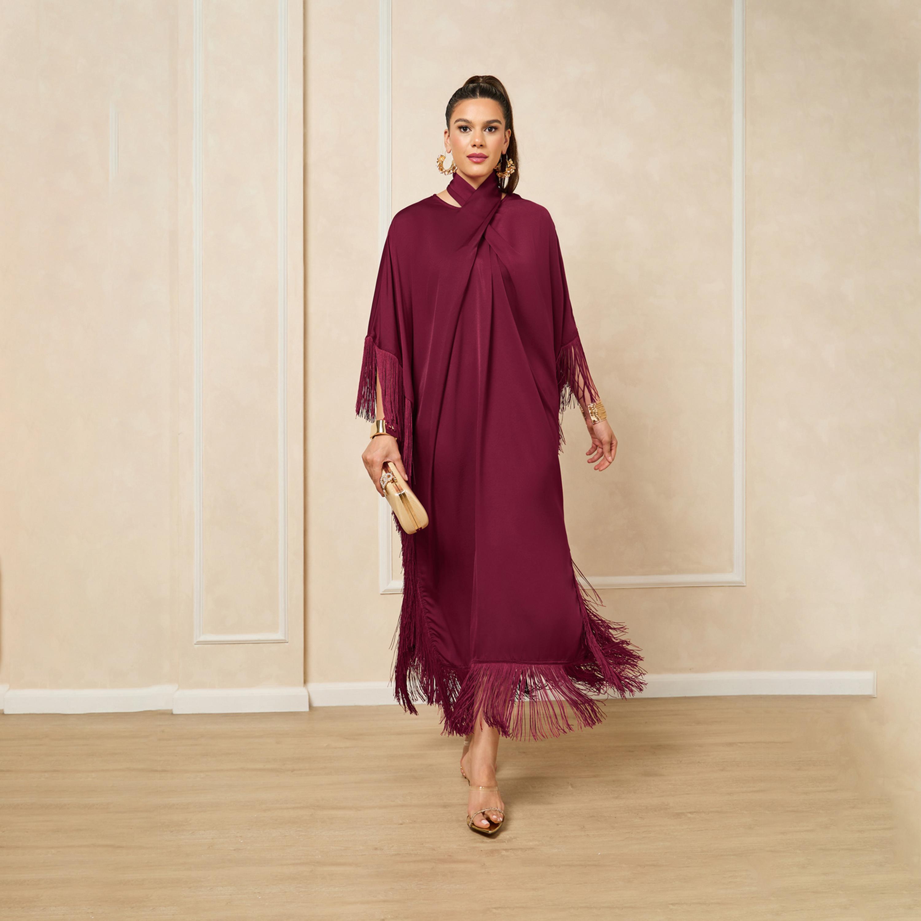 Styli Satin Halter Neck Kaftan Maxi Dress With Fringes Trim-women-clothing-dresses-image-1