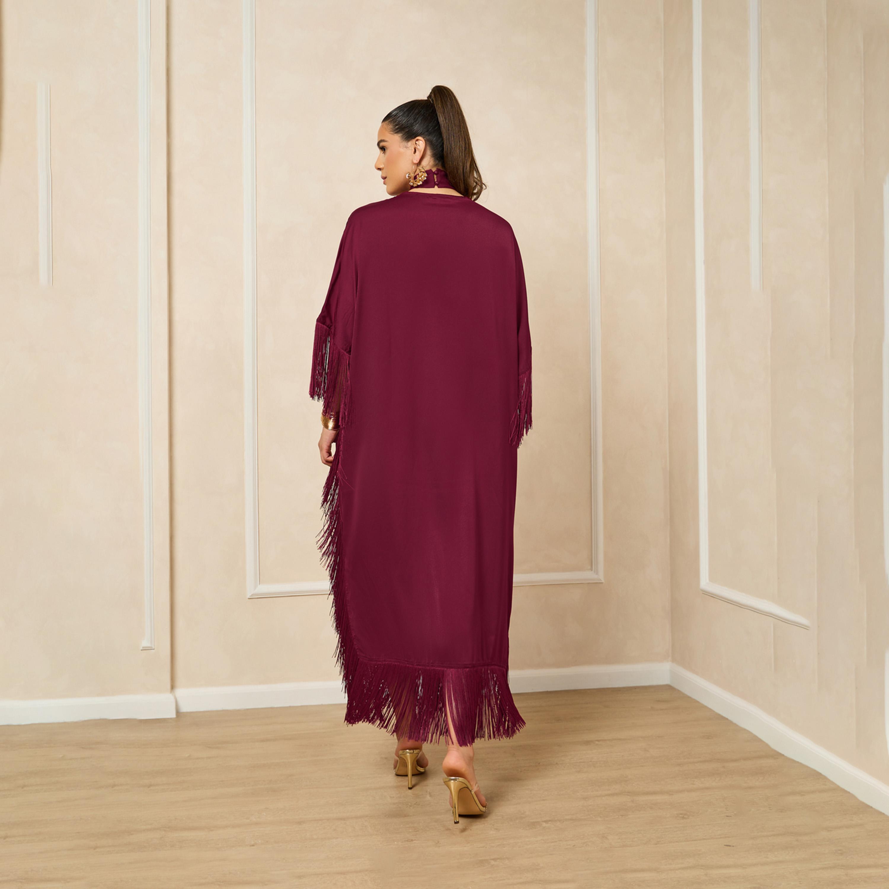 ستايلي - فستان ماكسي من الساتان بفتحة رقبة على شكل V مع حواف شراشيب-women-clothing-dresses-image-5