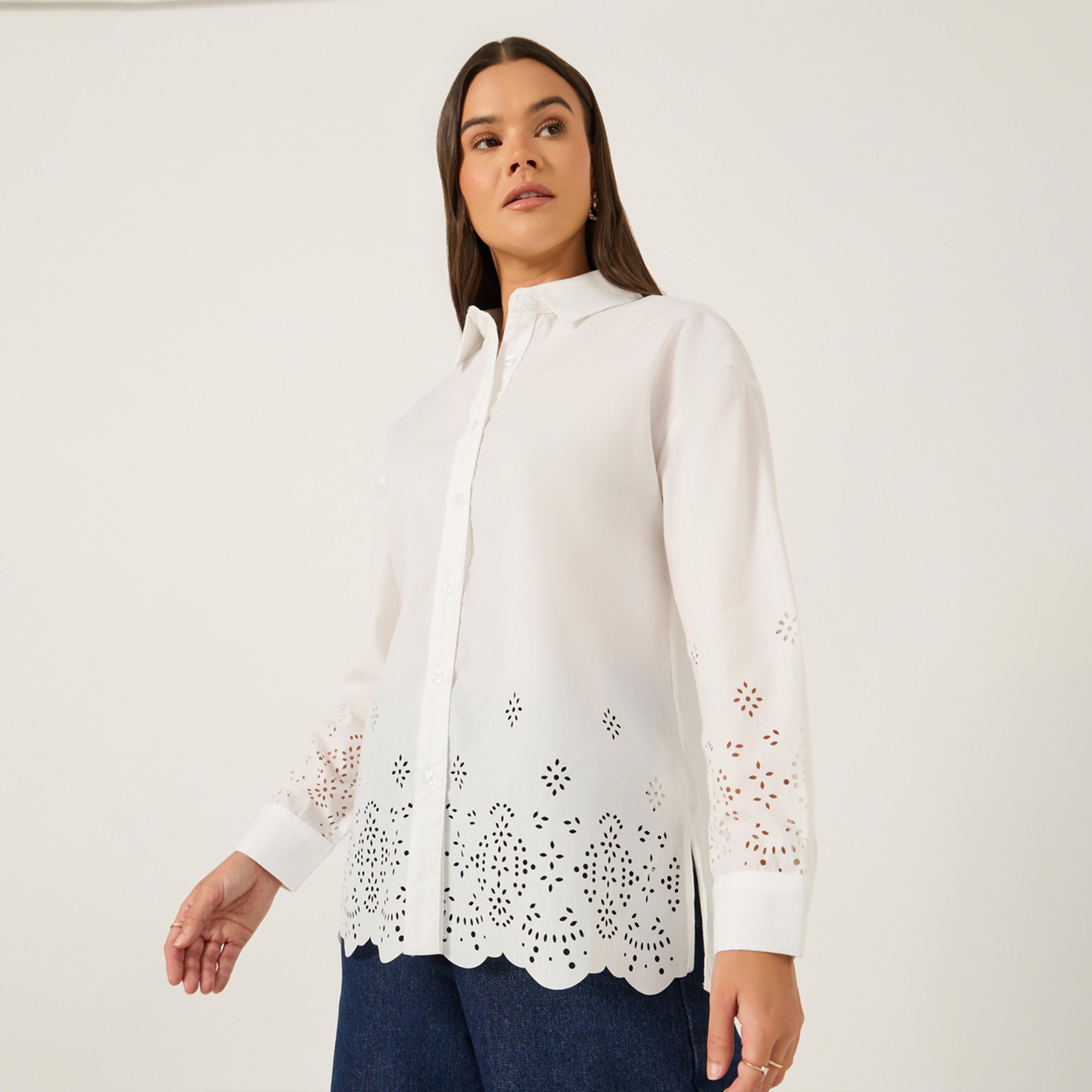 Styli Oversized Laser Cut Hem Shirt with Long Sleeves-women-clothing-shirtsandblouses-shirts-image-1