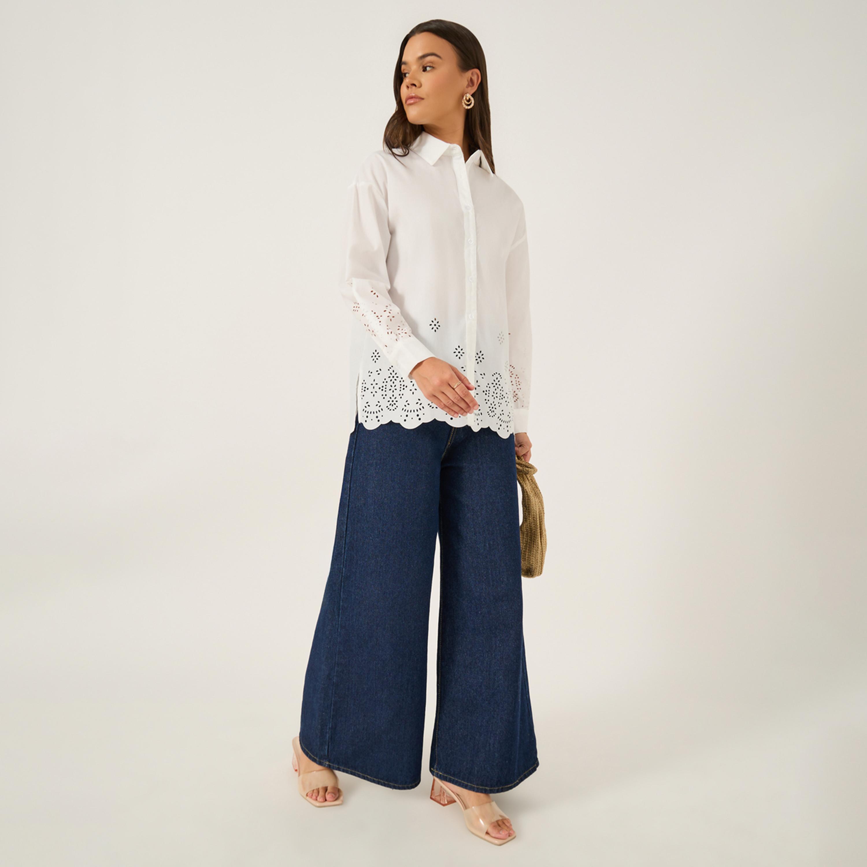 Styli Oversized Laser Cut Hem Shirt with Long Sleeves-women-clothing-shirtsandblouses-shirts-image-2