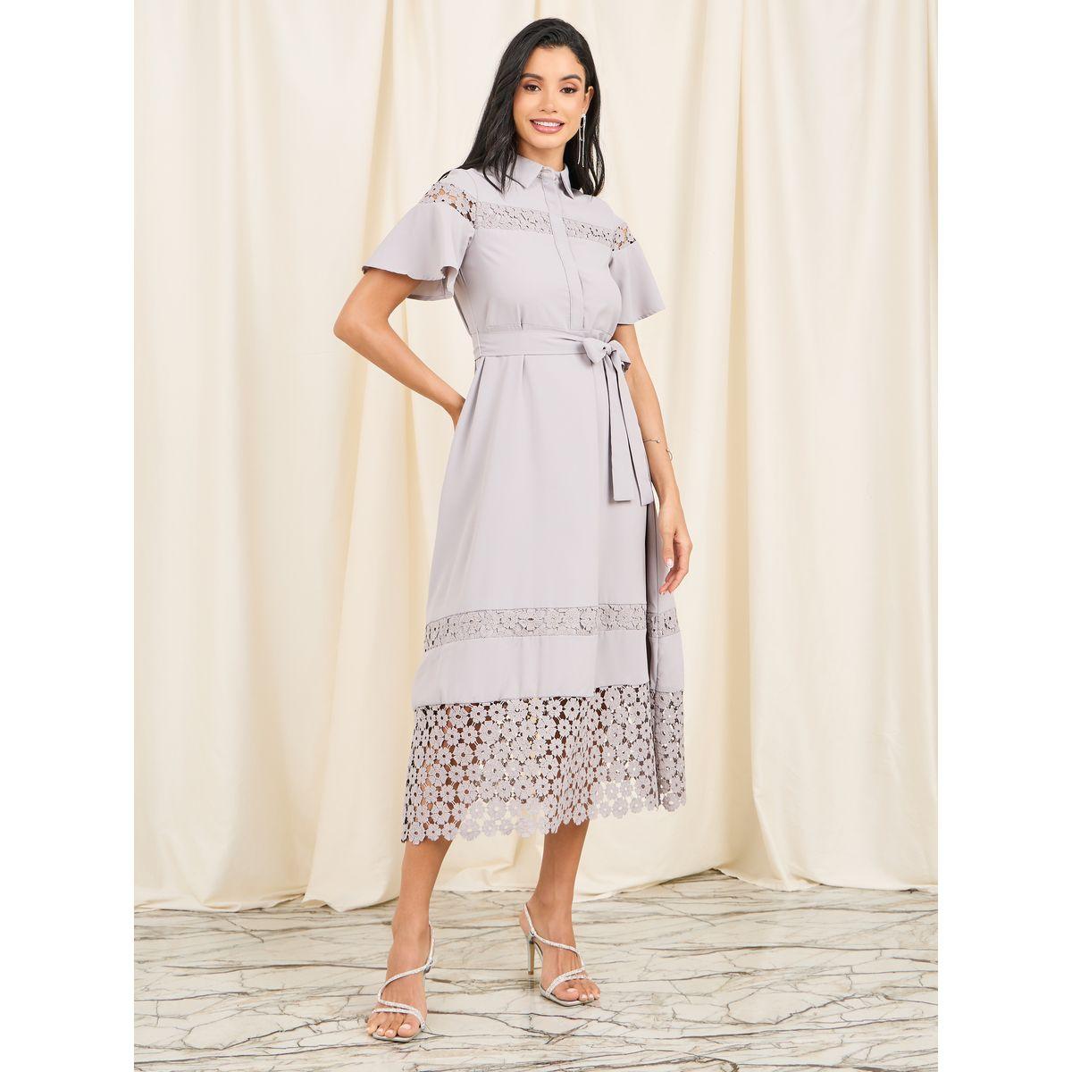 Styli Limited Lace Detail Concealed Placket Collared Midi Dress with Self Tie Up-women-clothing-dresses-image-1