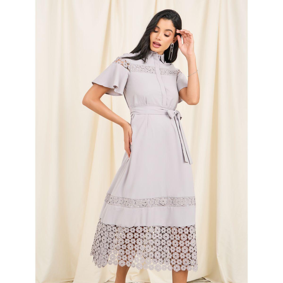 Styli Limited Lace Detail Concealed Placket Collared Midi Dress with Self Tie Up-women-clothing-dresses-image-2