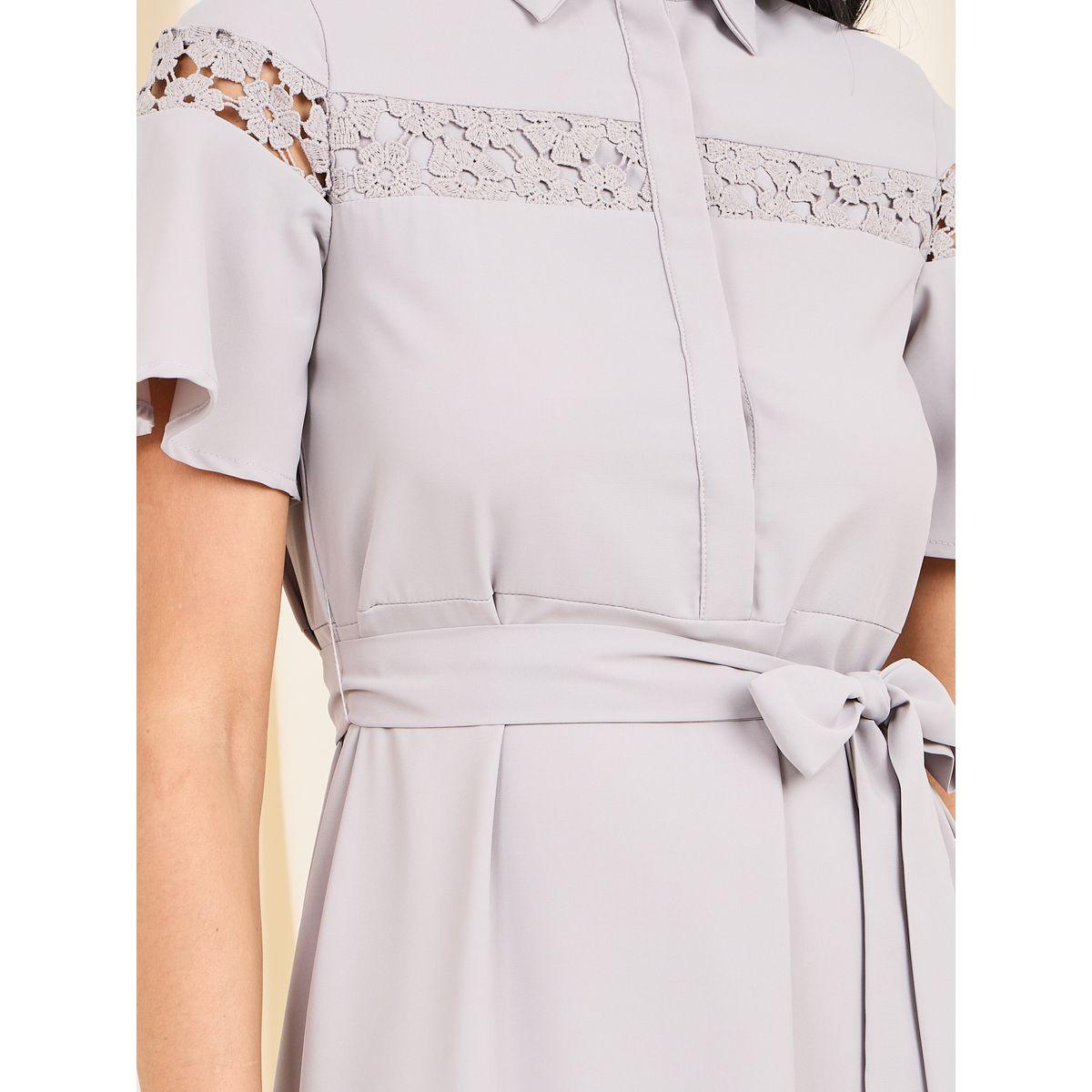 Styli Limited Lace Detail Concealed Placket Collared Midi Dress with Self Tie Up-women-clothing-dresses-image-3