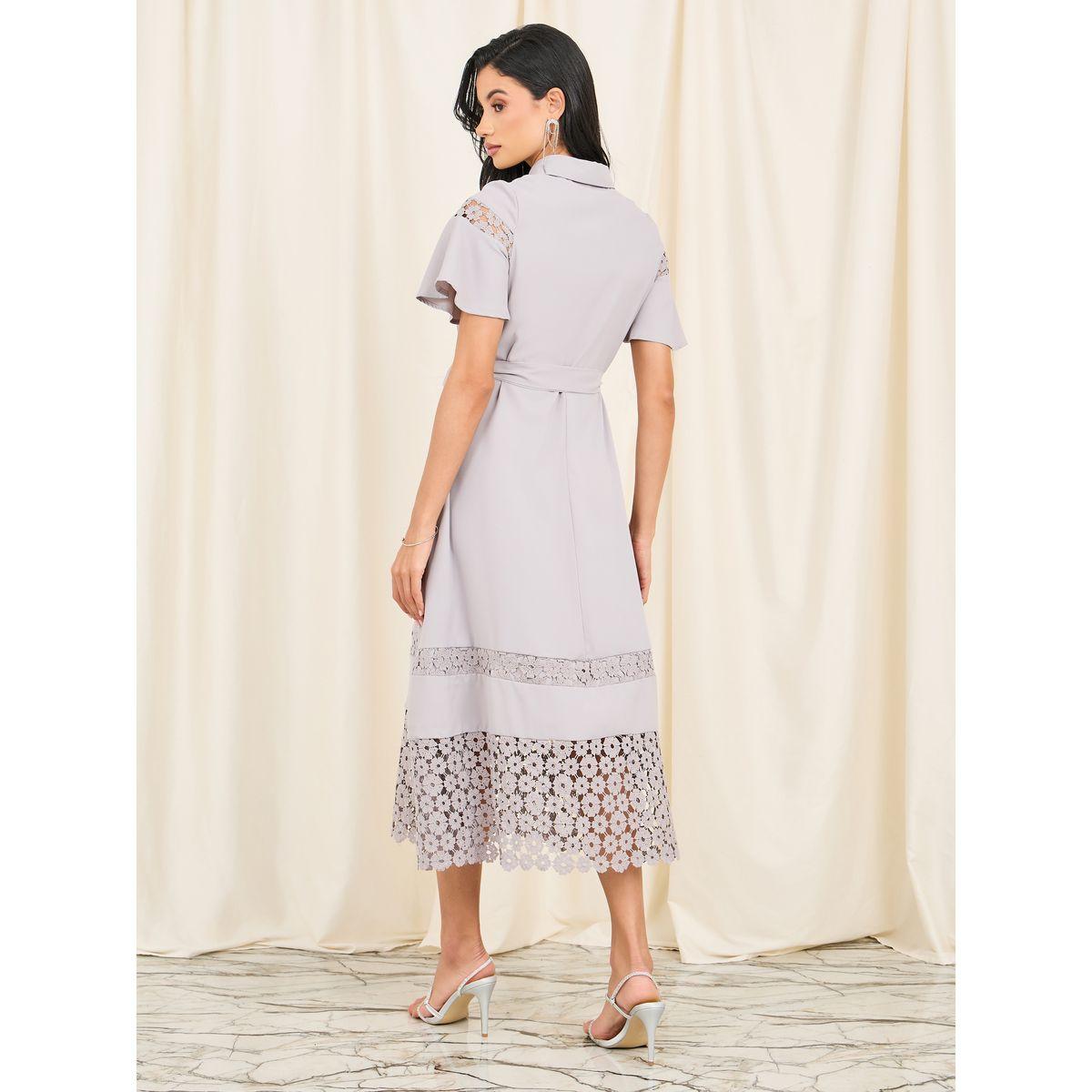 Styli Limited Lace Detail Concealed Placket Collared Midi Dress with Self Tie Up-women-clothing-dresses-image-4