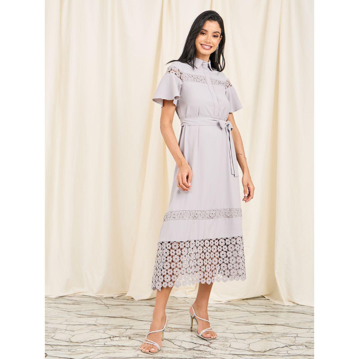 Styli Limited Lace Detail Concealed Placket Collared Midi Dress with Self Tie Up-women-clothing-dresses-image-5