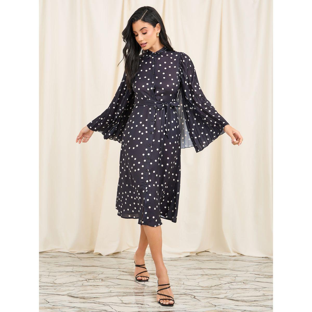 فستان ميدي مطبع بنقاط بولكا واكمام كيب-women-clothing-dresses-image-1