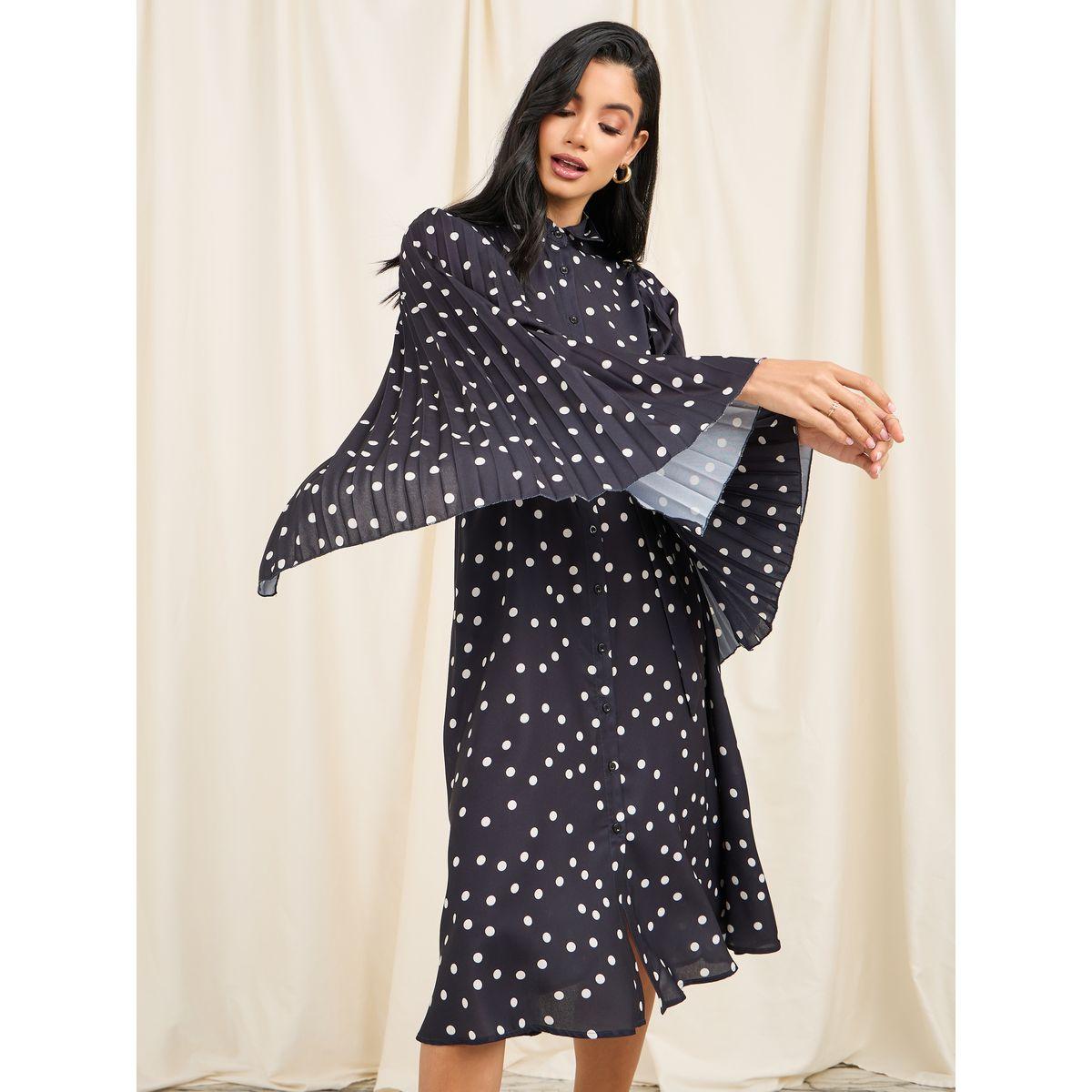 فستان ميدي مطبع بنقاط بولكا واكمام كيب-women-clothing-dresses-image-2
