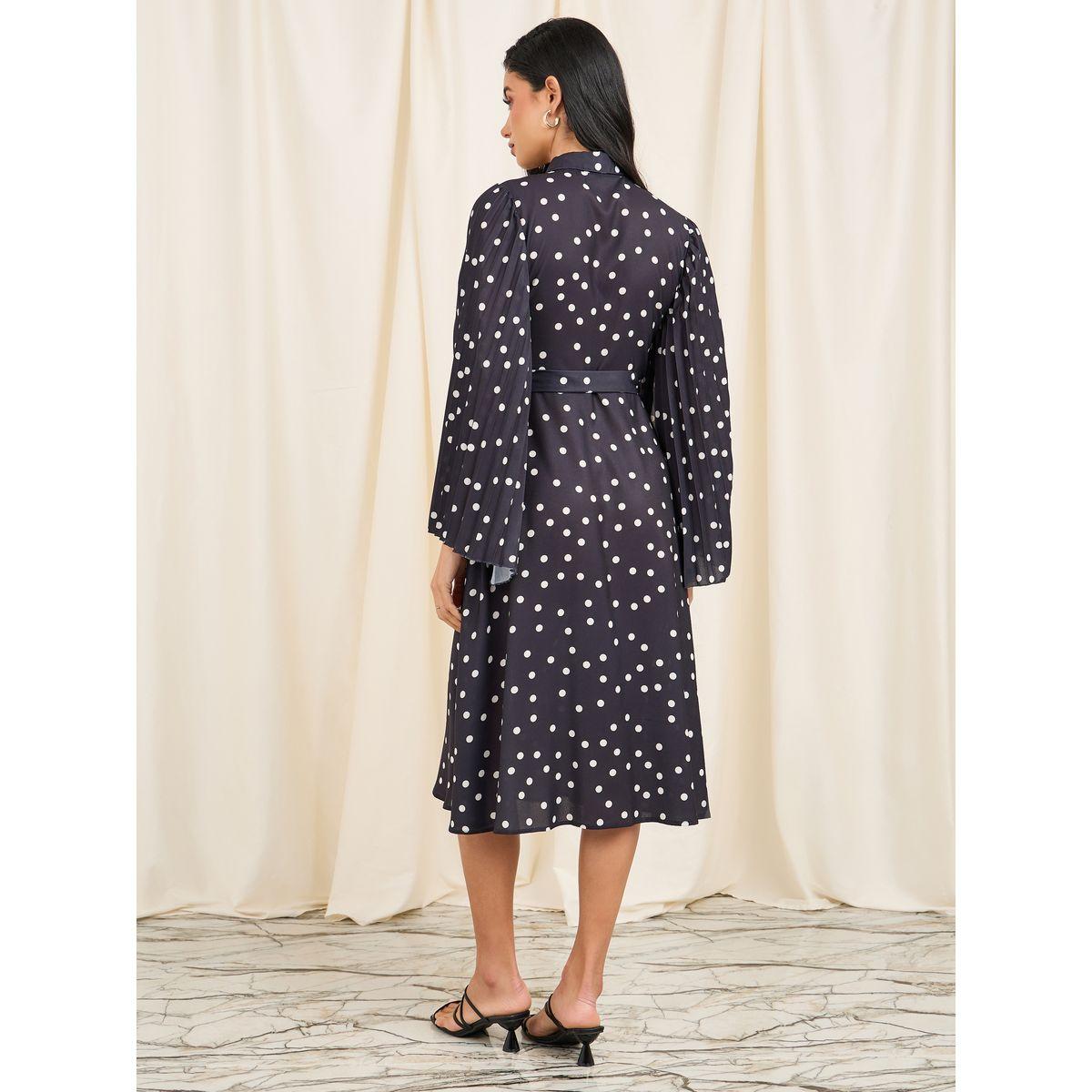 فستان ميدي مطبع بنقاط بولكا واكمام كيب-women-clothing-dresses-image-4
