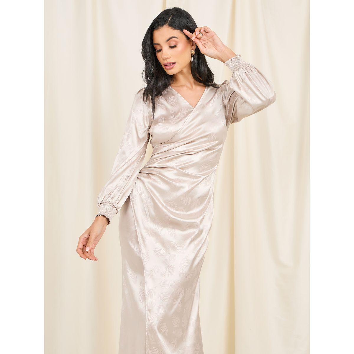فستان طويل ساتان بطبعة جاكار وكسرات-women-clothing-dresses-image-2
