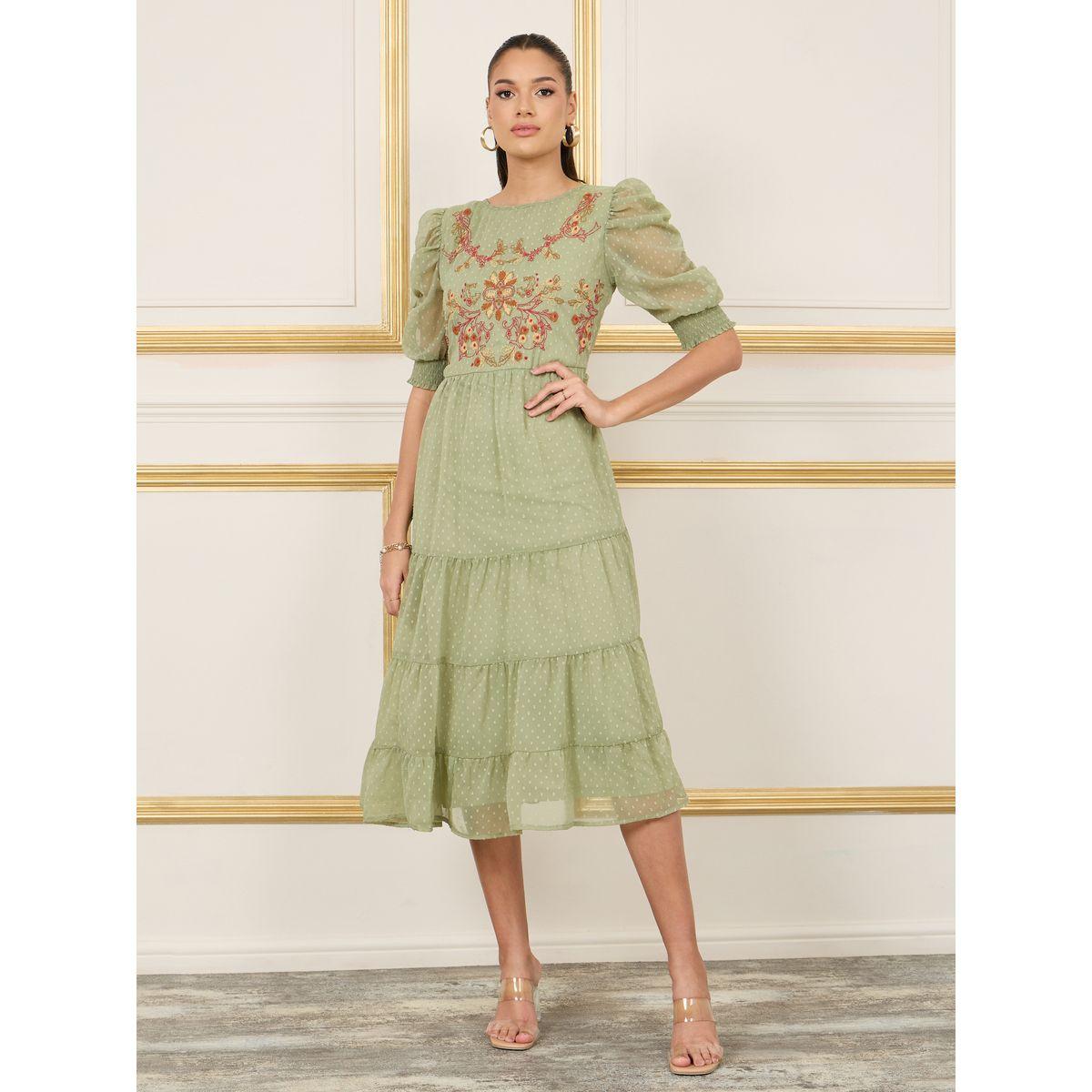 Styli Dobby Embroidered Ruched Detail Sleeves Tiered Midi Dress-women-clothing-dresses-image-1