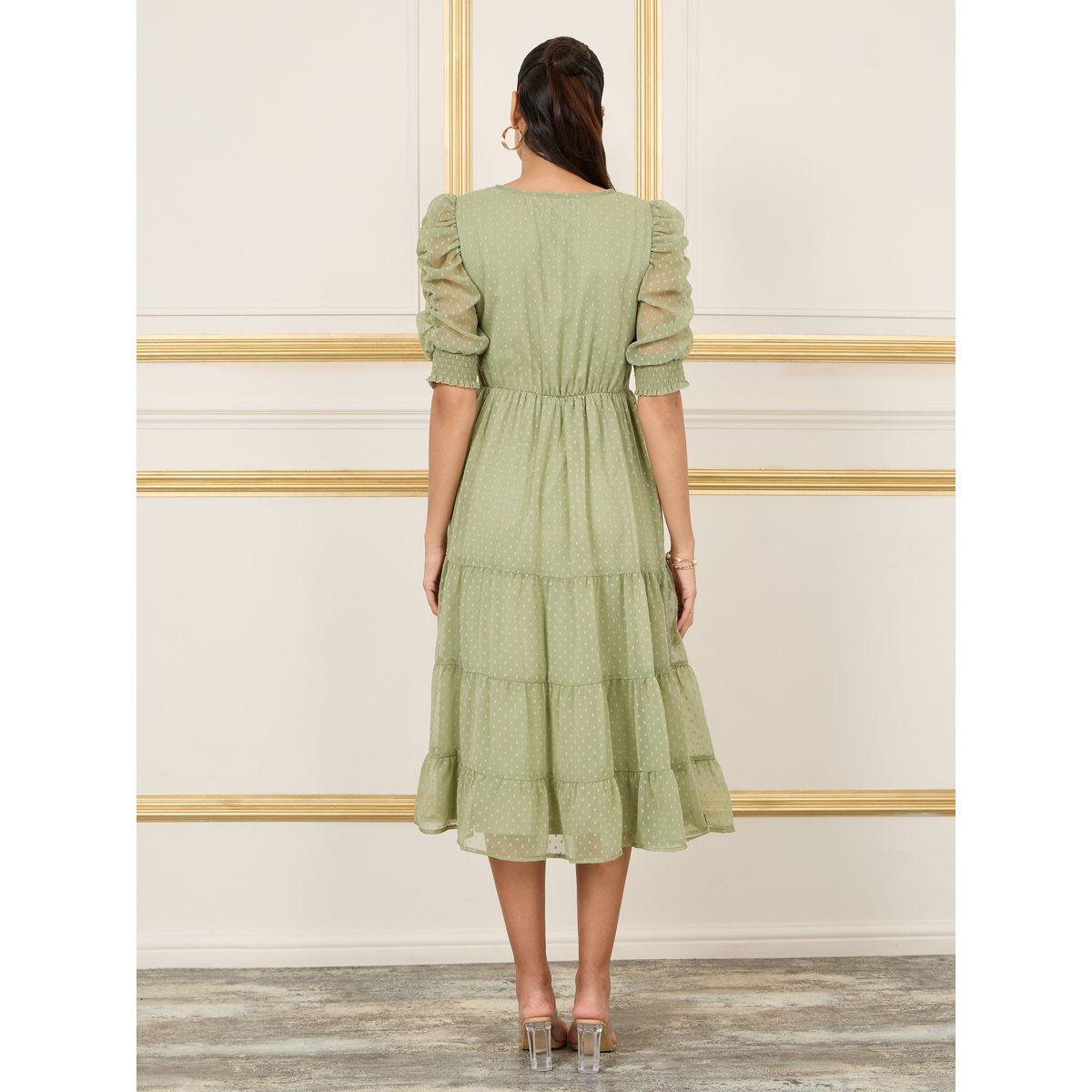 Styli Dobby Embroidered Ruched Detail Sleeves Tiered Midi Dress-women-clothing-dresses-image-4