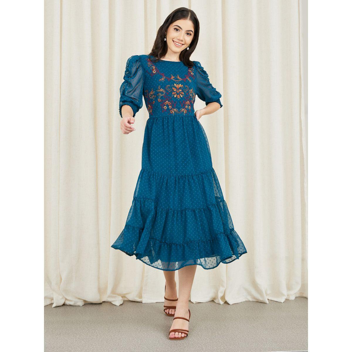 Styli Dobby Embroidered Ruched Detail Sleeves Tiered Midi Dress-women-clothing-dresses-image-1