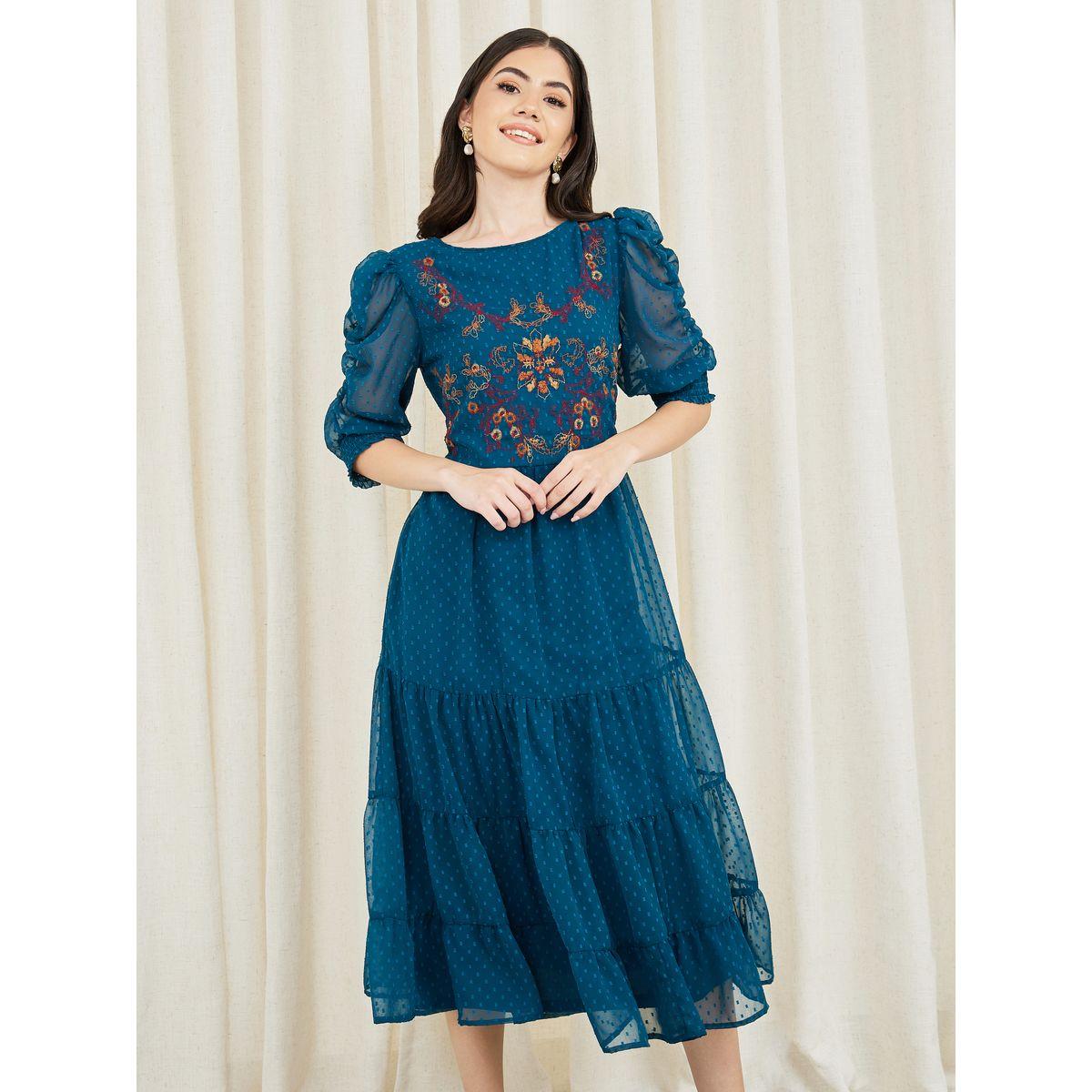 Styli Dobby Embroidered Ruched Detail Sleeves Tiered Midi Dress-women-clothing-dresses-image-2