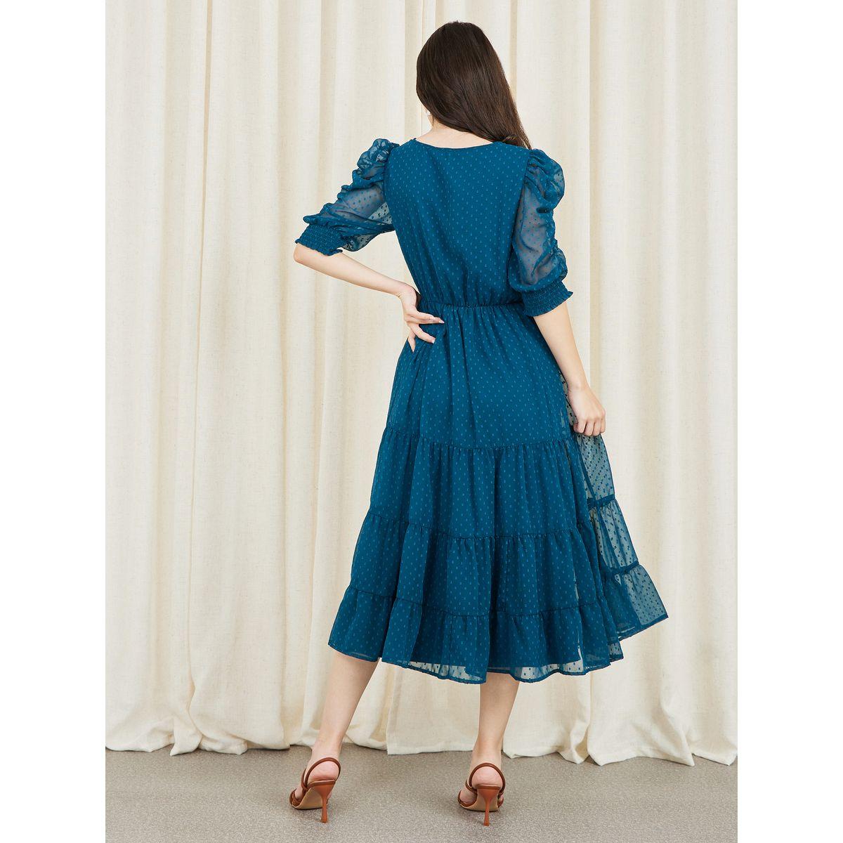 Styli Dobby Embroidered Ruched Detail Sleeves Tiered Midi Dress-women-clothing-dresses-image-4