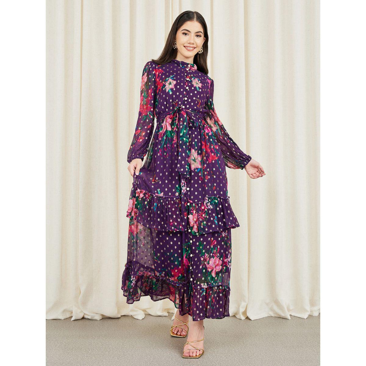 Styli Floral Print Button Loop Closure Tiered Maxi Dress with Self Tie Up-women-clothing-dresses-image-1