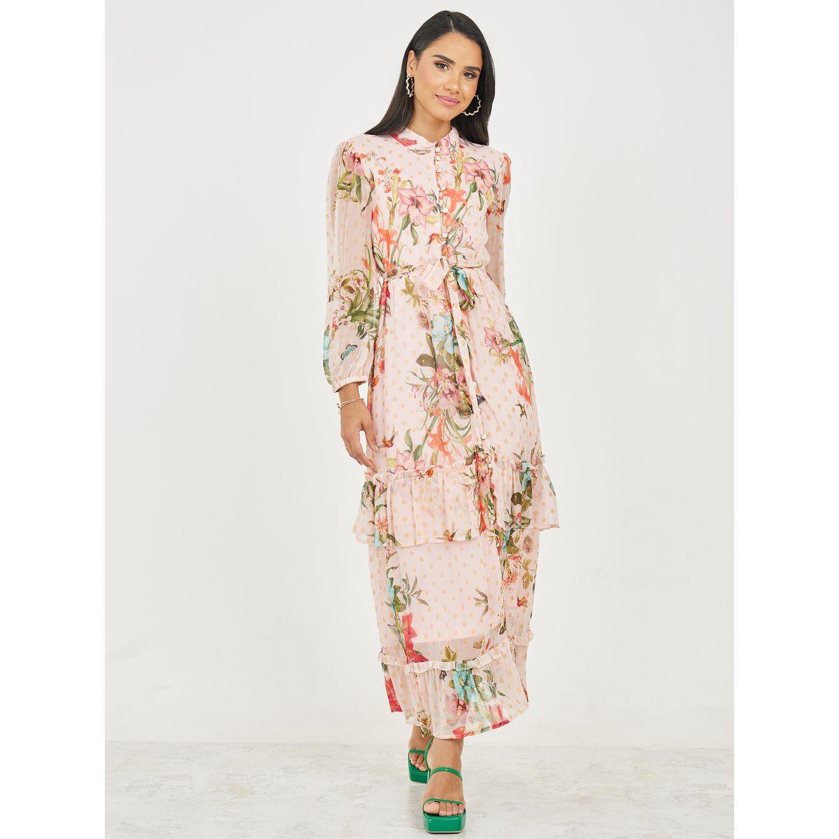 Styli Floral Print Button Loop Closure Tiered Maxi Dress with Self Tie Up-women-clothing-dresses-image-1