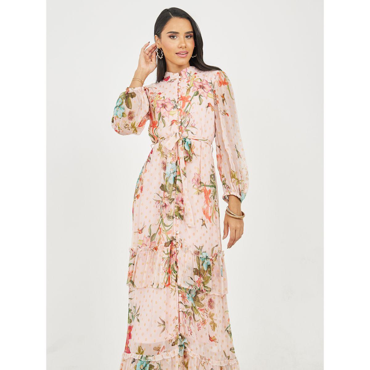 Styli Floral Print Button Loop Closure Tiered Maxi Dress with Self Tie Up-women-clothing-dresses-image-2