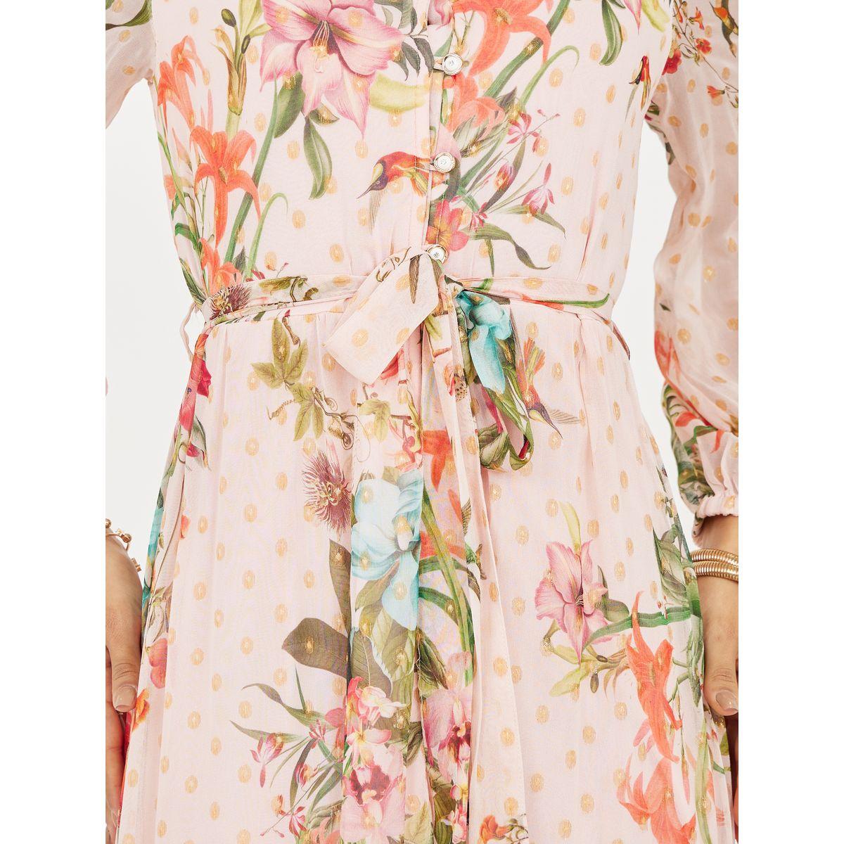 Styli Floral Print Button Loop Closure Tiered Maxi Dress with Self Tie Up-women-clothing-dresses-image-3