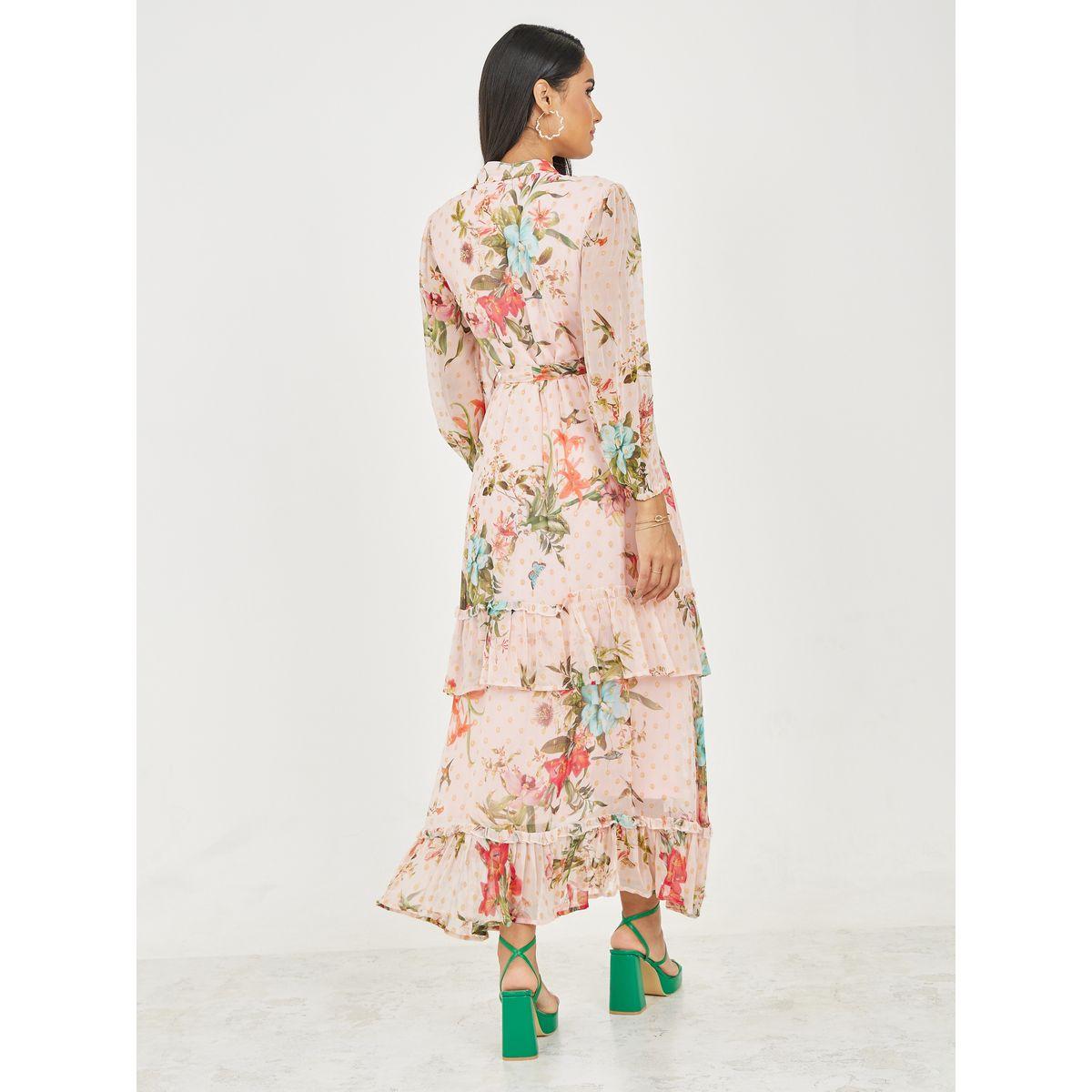 Styli Floral Print Button Loop Closure Tiered Maxi Dress with Self Tie Up-women-clothing-dresses-image-4