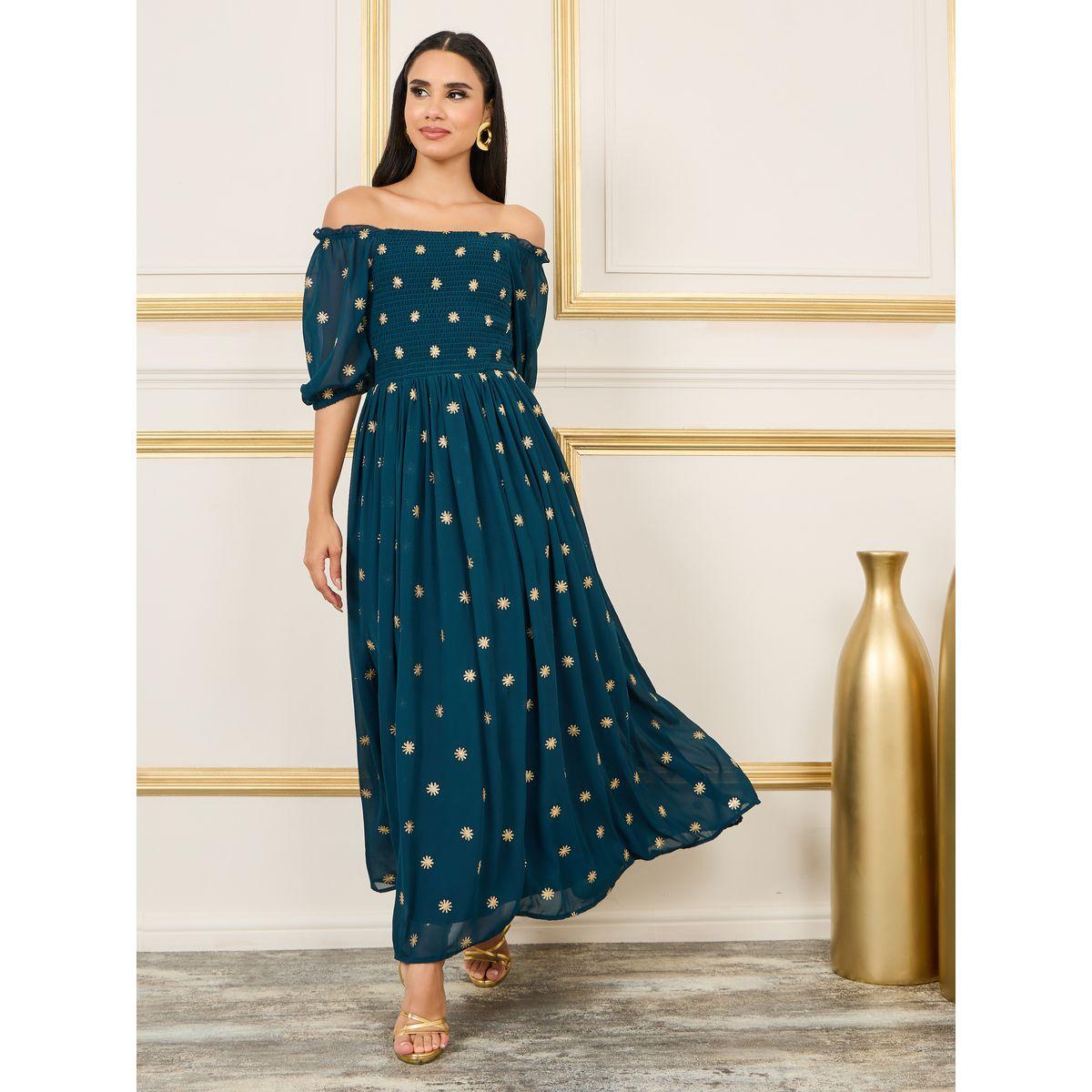 Styli Embroidered Smocked Detail Off Shoulder Maxi Dress-women-clothing-dresses-image-1