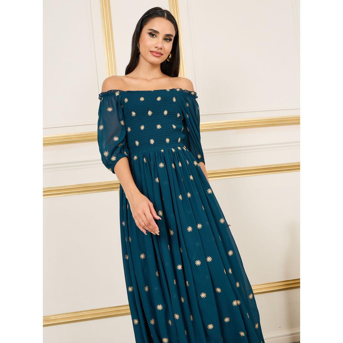 Styli Embroidered Smocked Detail Off Shoulder Maxi Dress-women-clothing-dresses-image-2