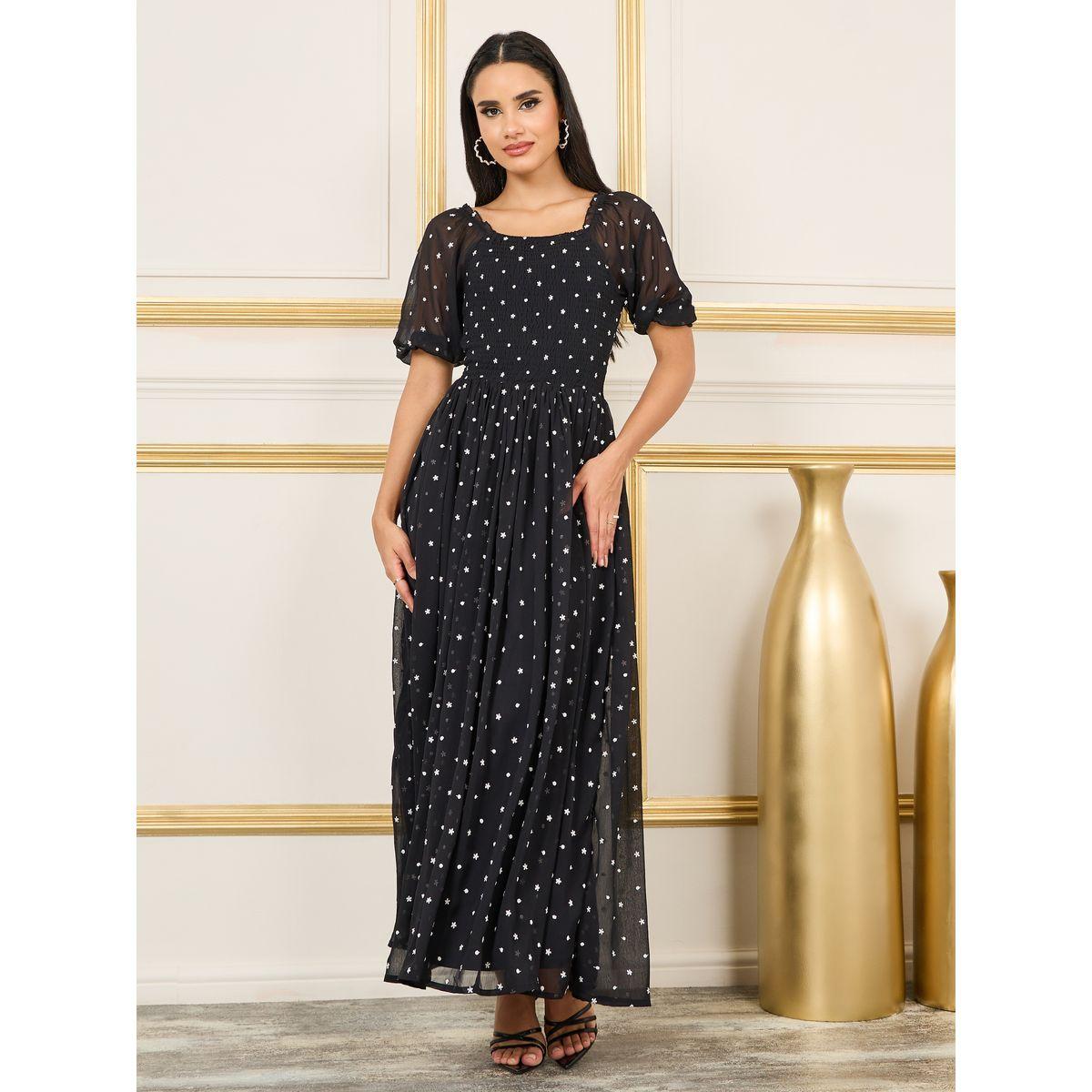 Styli Embroidered Smocked Detail A-Line Maxi Dress-women-clothing-dresses-image-1