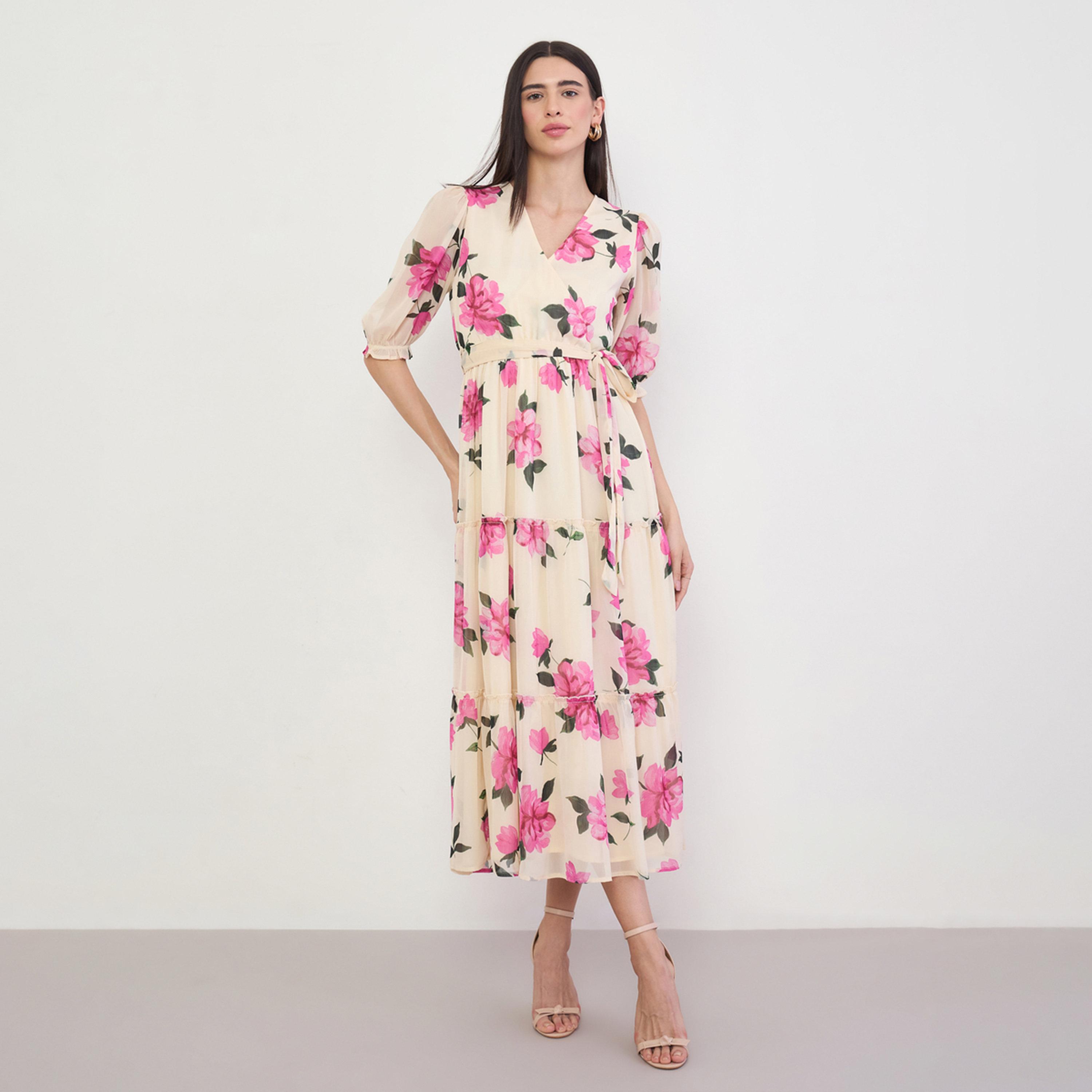 Styli Cream Floral Printed Puff Sleeve Midi Dress-women-clothing-dresses-image-1