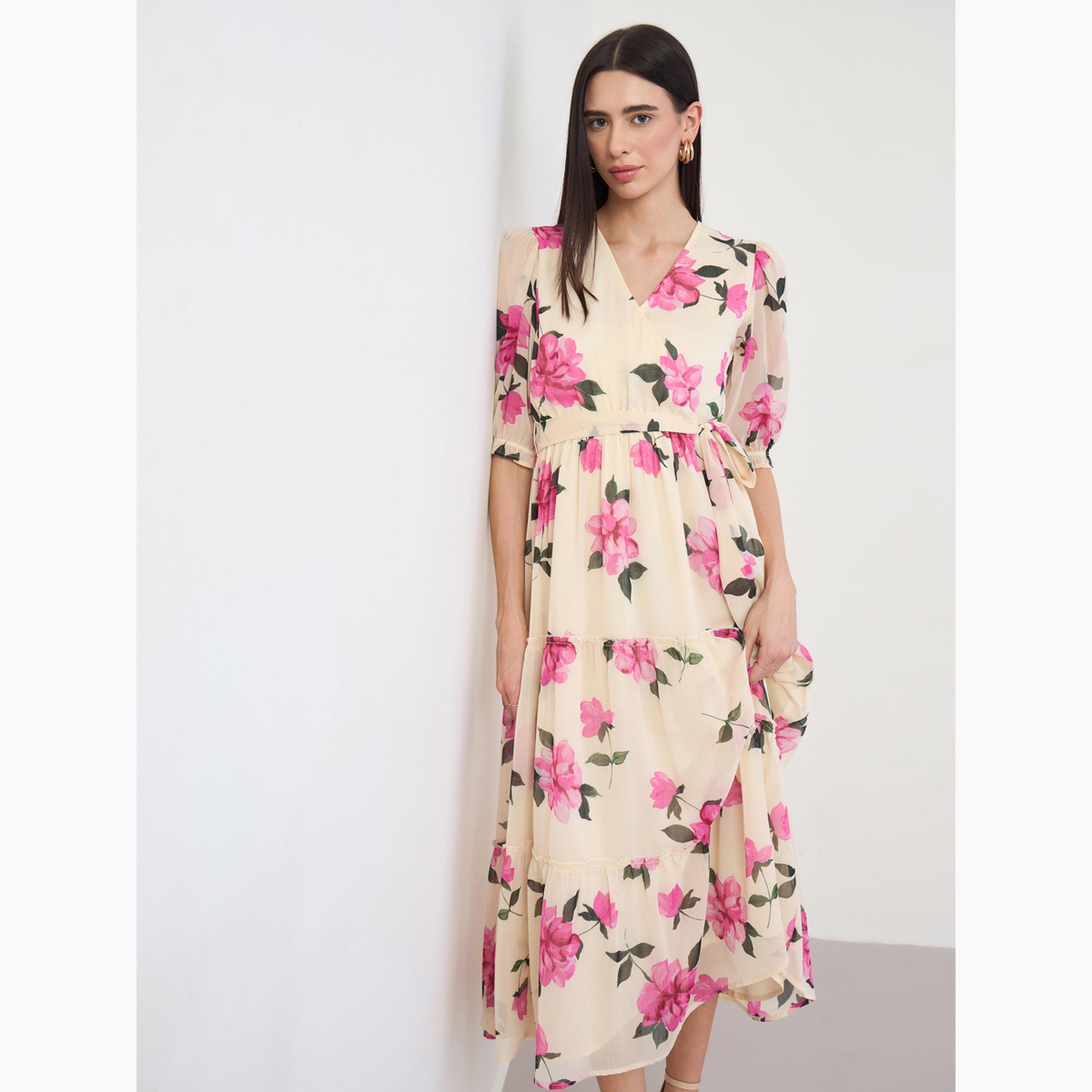 Styli Cream Floral Printed Puff Sleeve Midi Dress-women-clothing-dresses-image-2