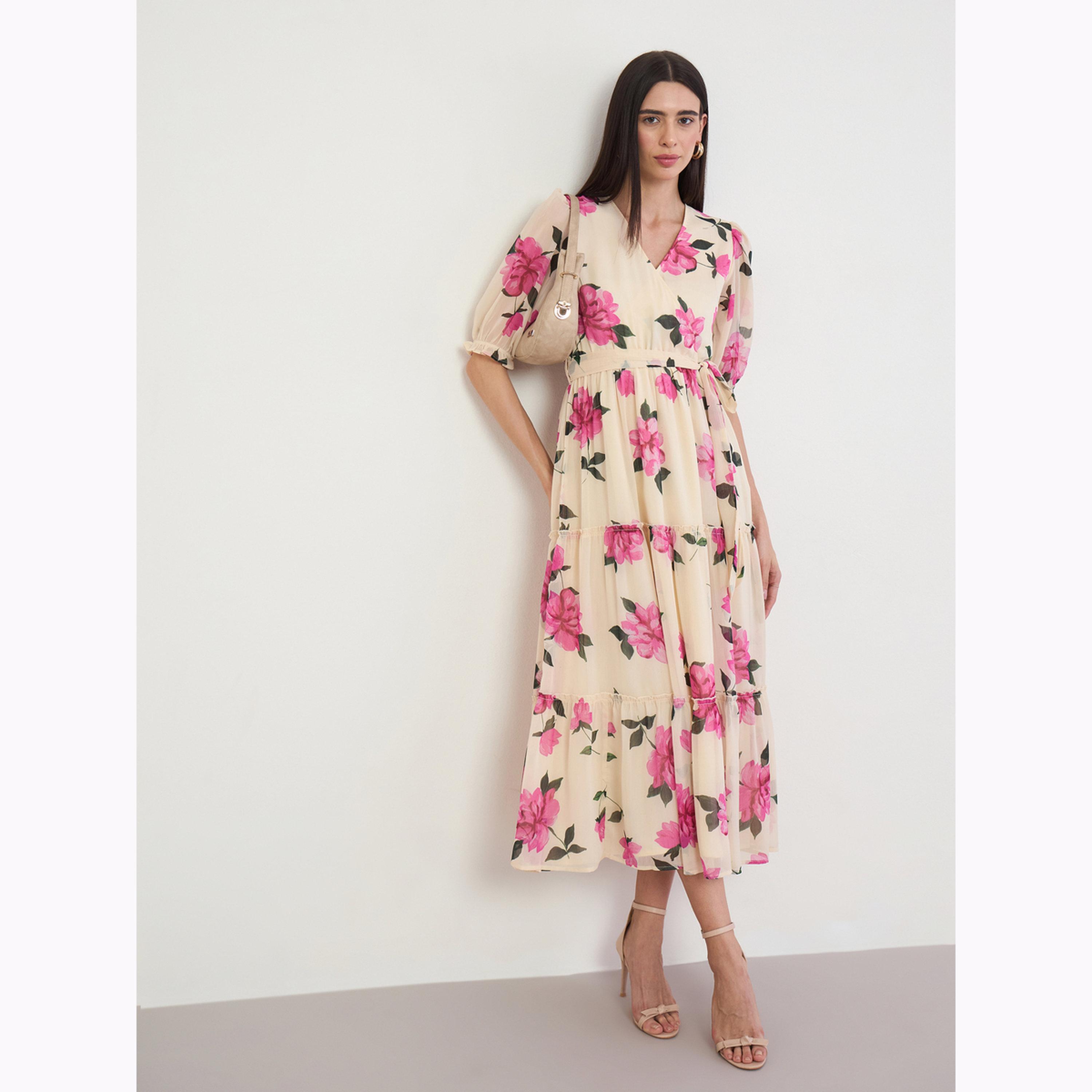 Styli Cream Floral Printed Puff Sleeve Midi Dress-women-clothing-dresses-image-3
