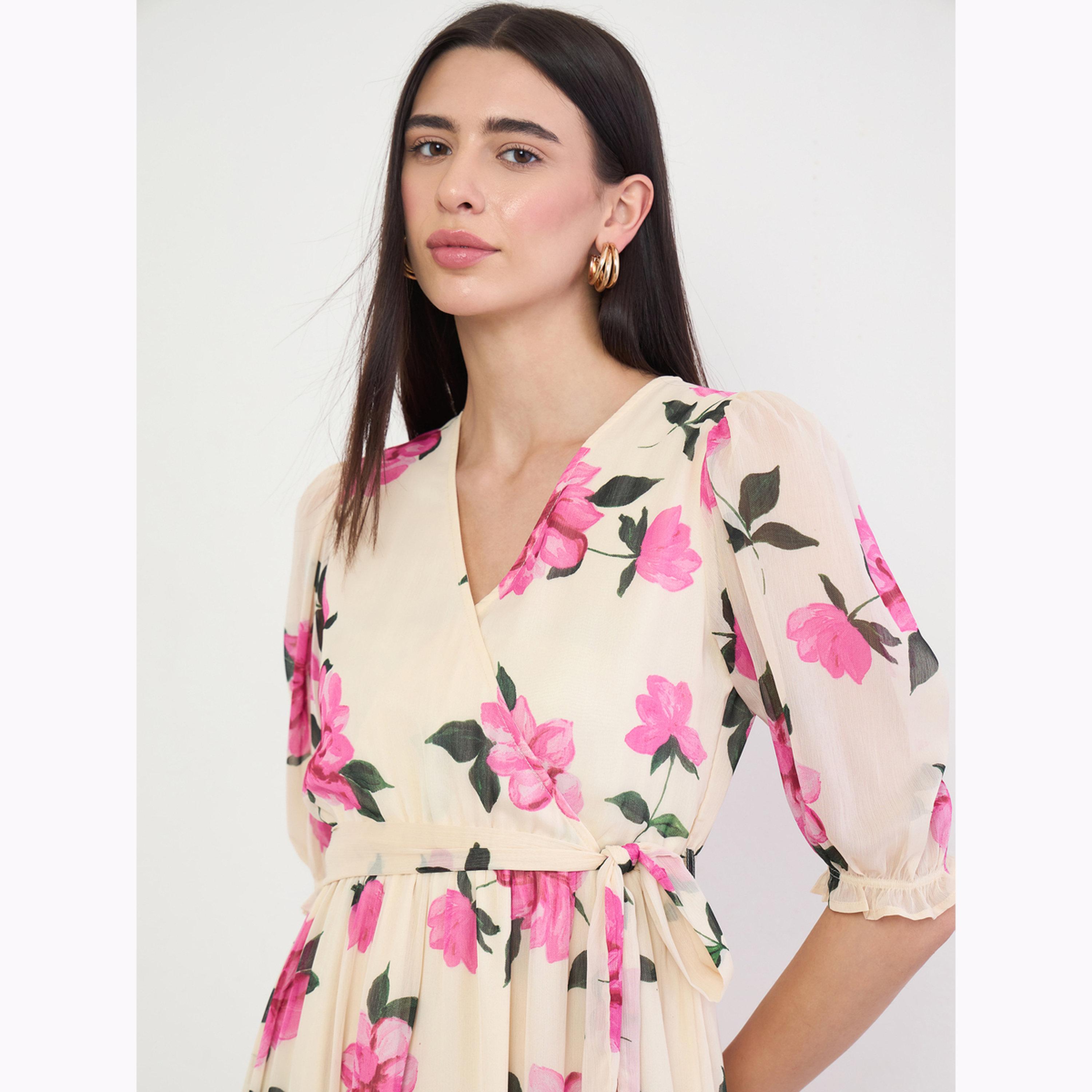 Styli Cream Floral Printed Puff Sleeve Midi Dress-women-clothing-dresses-image-4