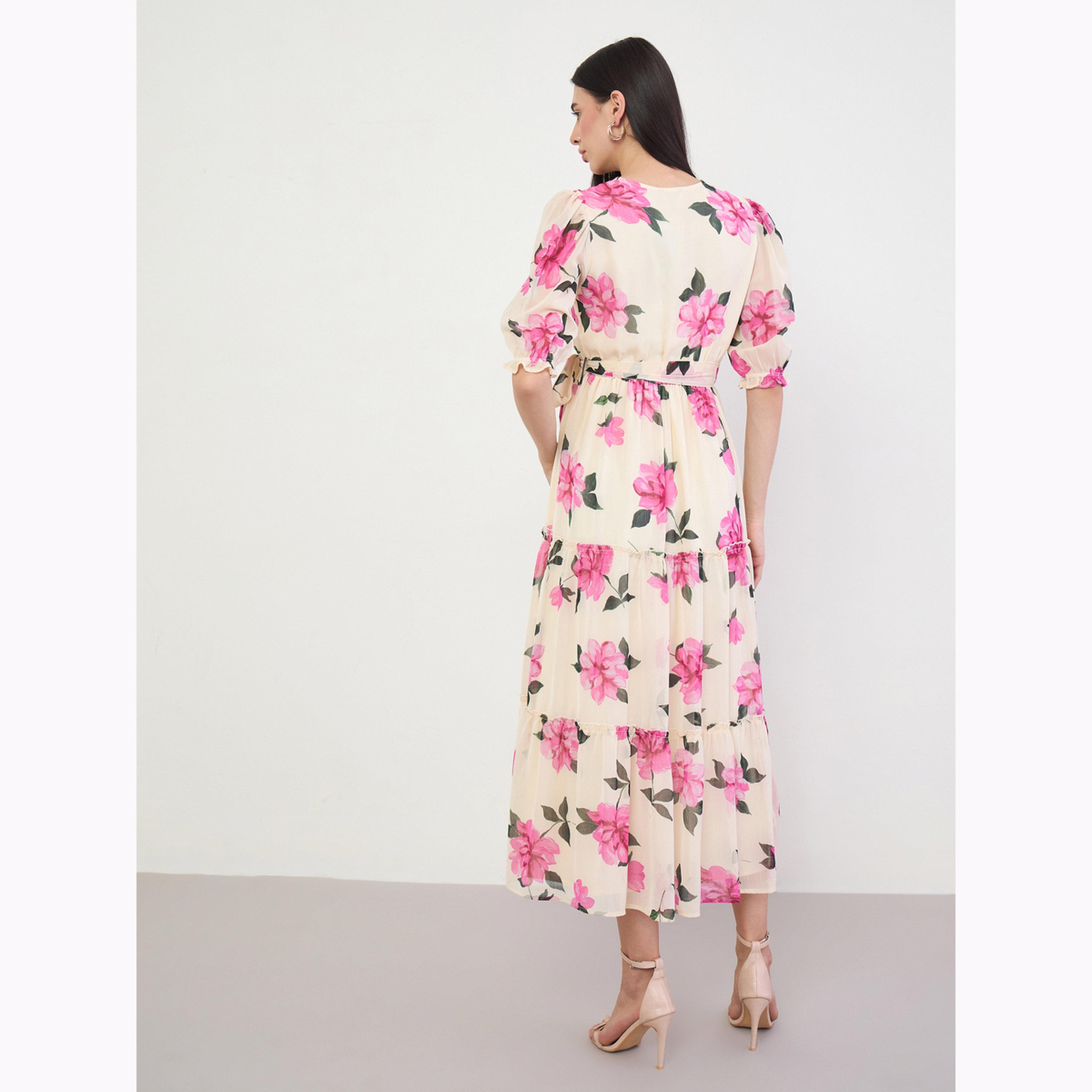 Styli Cream Floral Printed Puff Sleeve Midi Dress-women-clothing-dresses-image-5