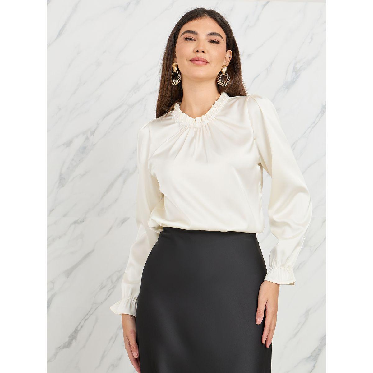Styli Elevate Satin Gathered Detail High Neck Floral Applique Detail Blouse-women-clothing-shirtsandblouses-blouses-image-1