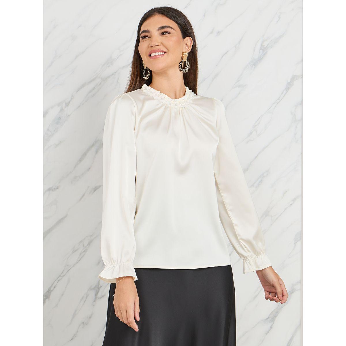 Styli Elevate Satin Gathered Detail High Neck Floral Applique Detail Blouse-women-clothing-shirtsandblouses-blouses-image-3
