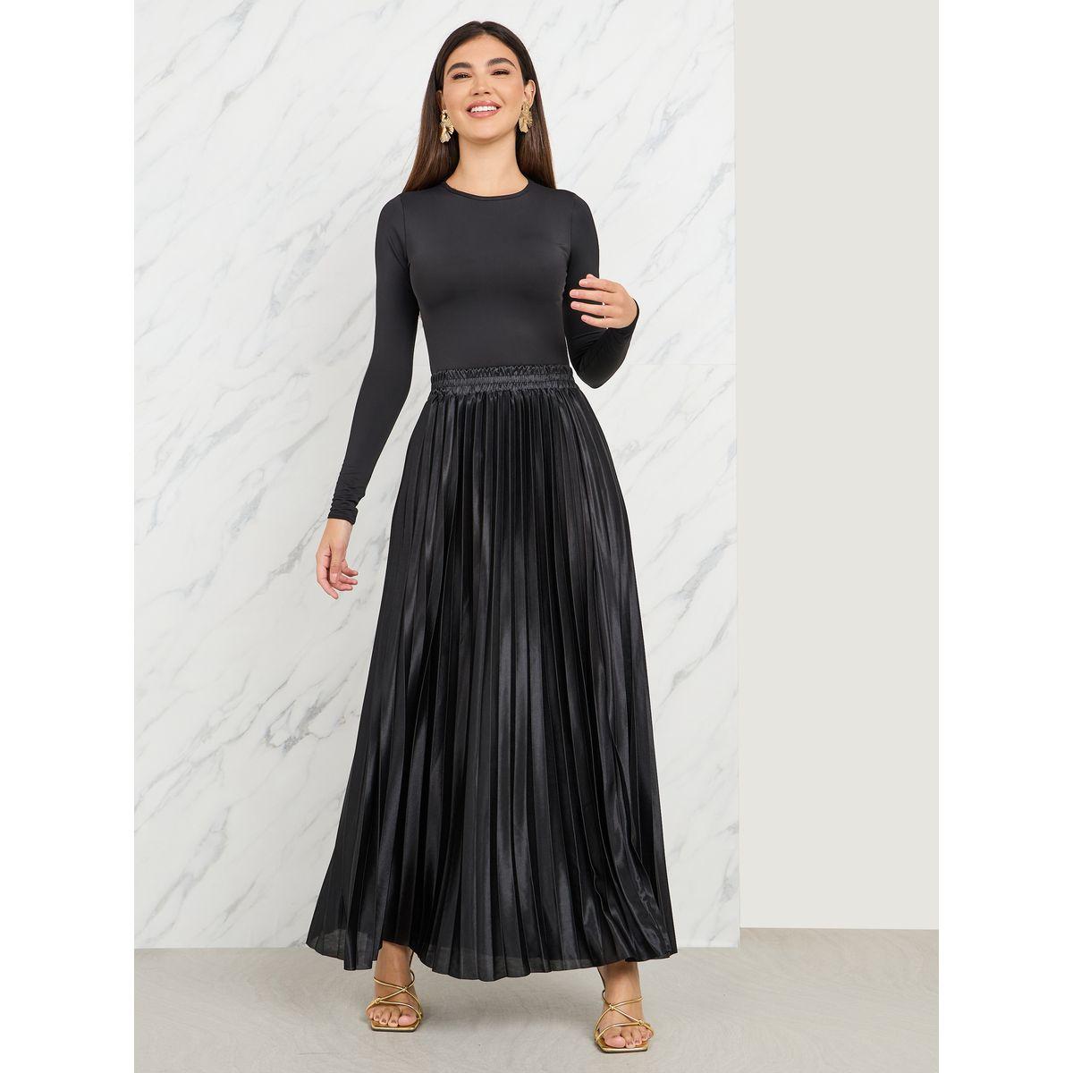 Styli Elevate Satin Pleated High Rise A-Line Maxi Skirt-women-clothing-bottoms-skirts-image-1