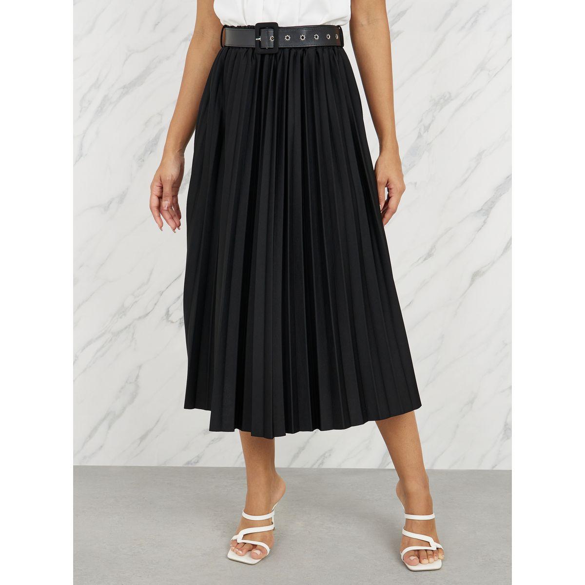تنورة ميدي بتفاصيل كسرات مع حزام-women-clothing-bottoms-skirts-image-1