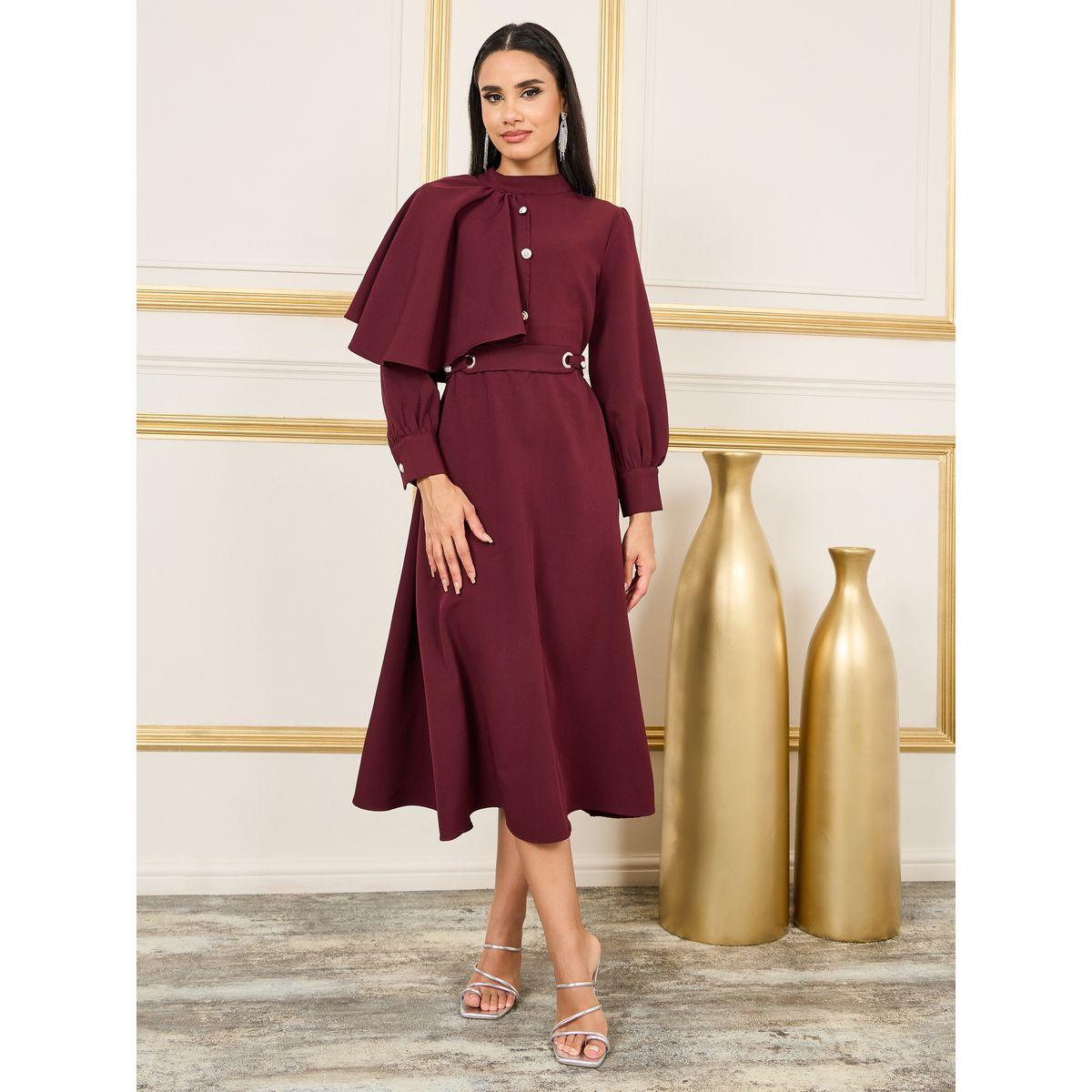Styli Limited Ruffle Cape Style High Neck Midi Dress-women-clothing-dresses-image-1