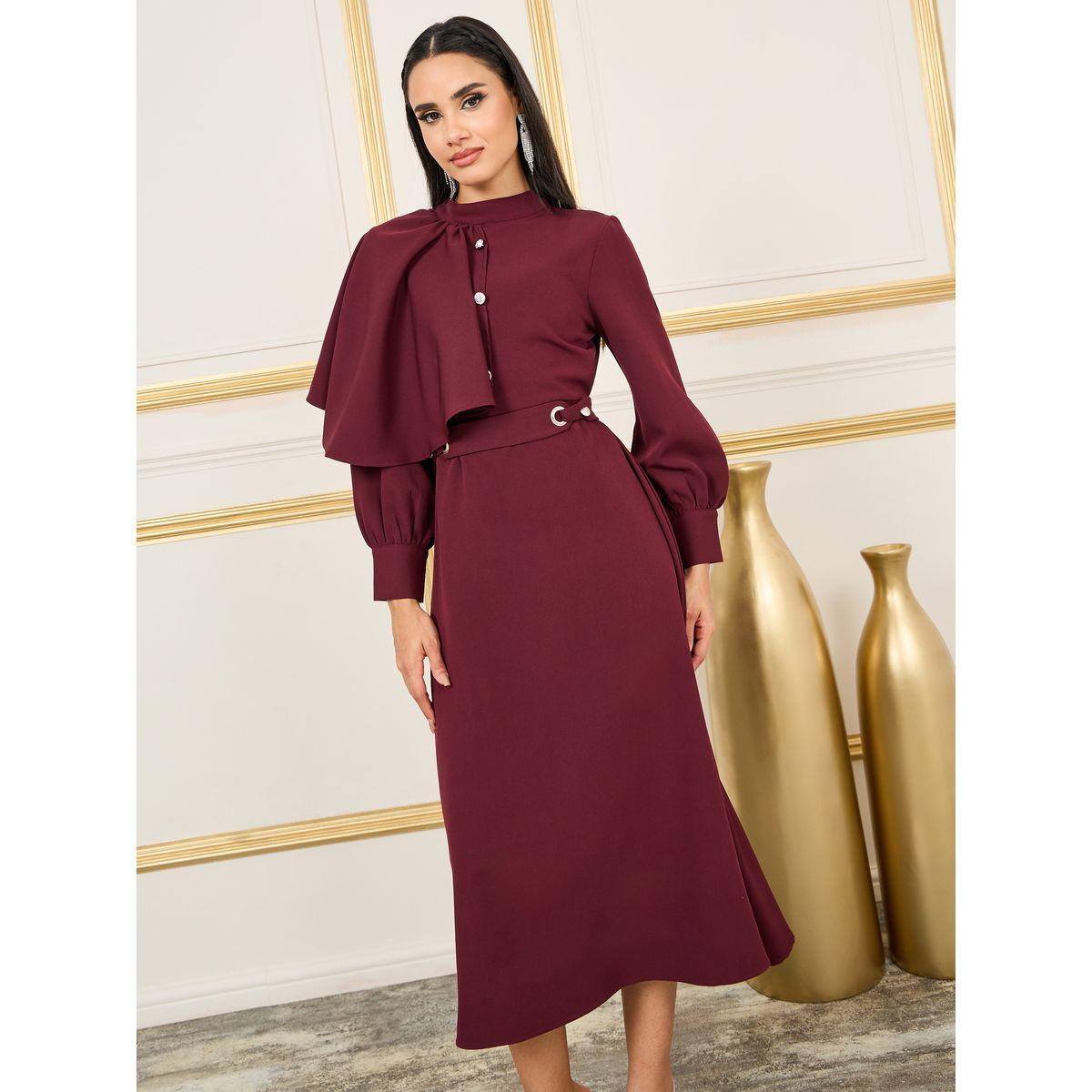 Styli Limited Ruffle Cape Style High Neck Midi Dress-women-clothing-dresses-image-2